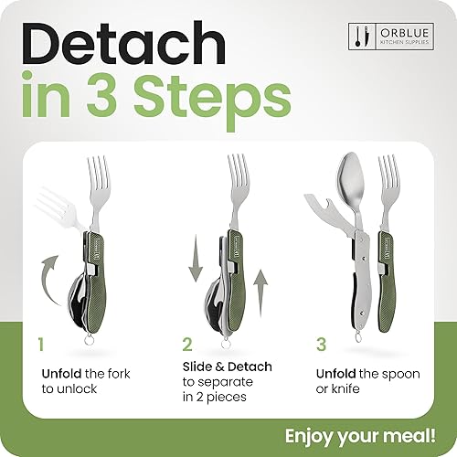 Miniatura 3 de Orblue Utensilios de comida 4 en 1, paquete de 2  Cuchara portátil, tenedor, cuchillo y abridor de botellas, cubiertos de acero inoxidable con