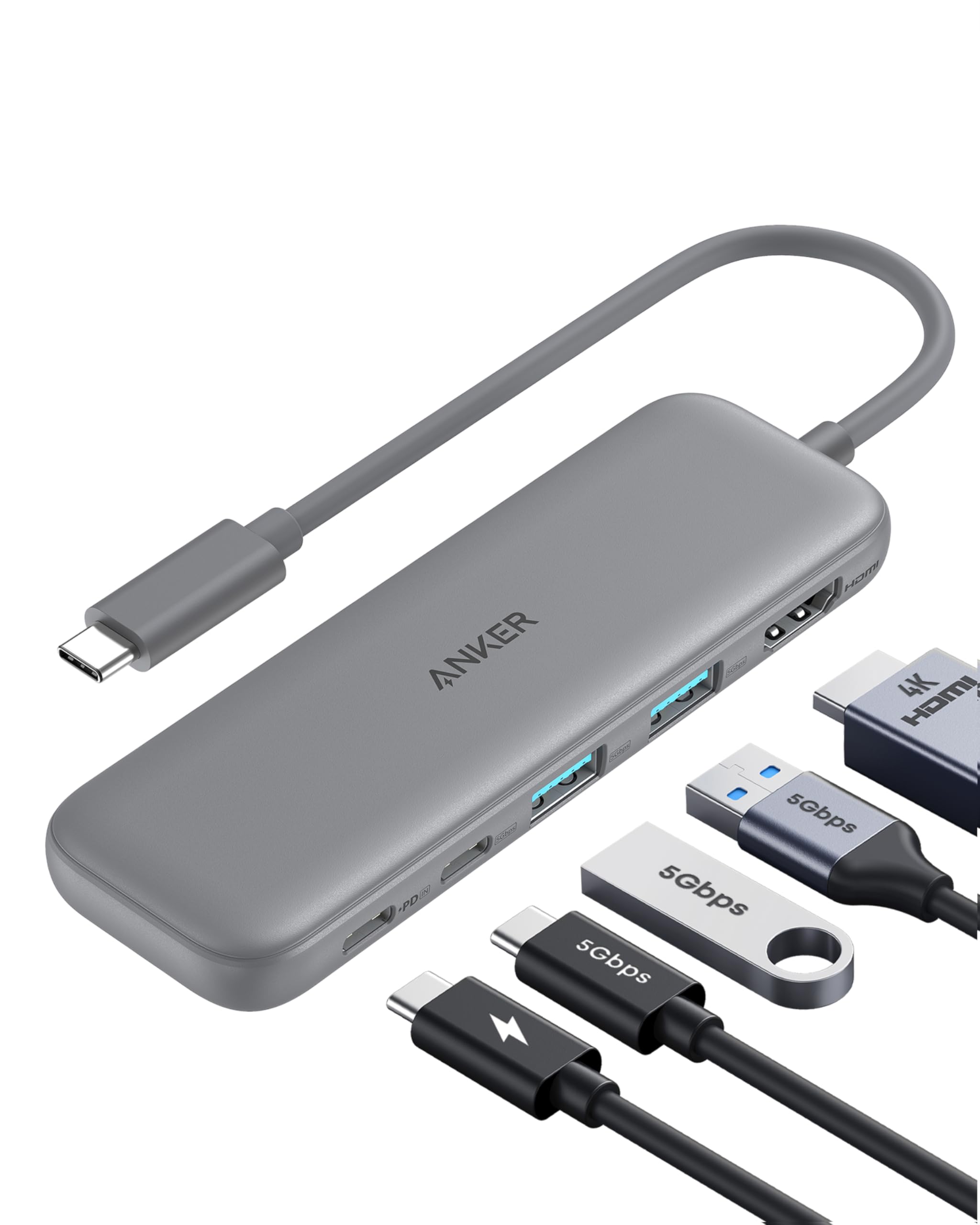 AnkerUSB C Hub, 5-in-1 USBC to HDMI Splitter with 4K Display, 1 x Powered USB-C 5Gbps & 2×Powered USB-A 3.0 5Gbps Data Ports for MacBook Pro, MacBook Air, Dell and More (Grey)ClimatePartner certified