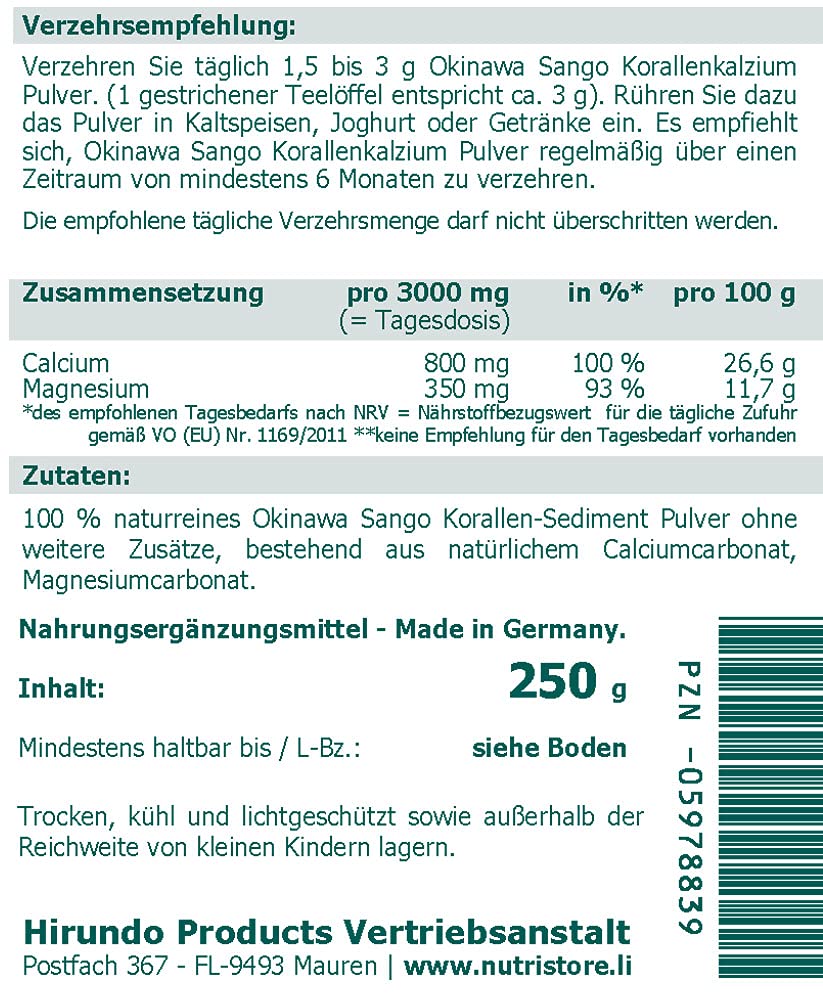 Korallen Kalzium 100% rein Pulver 250 g - naturreines Okinawa Sango Korallen Pulver feingemahlen
