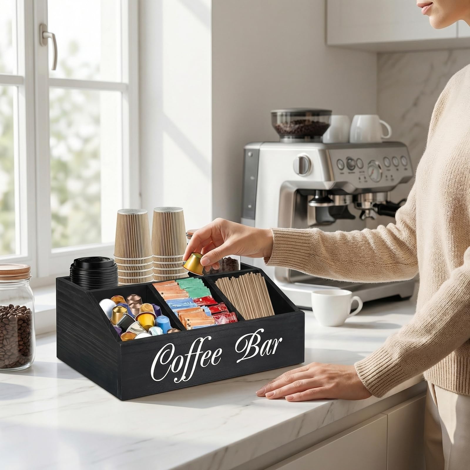 Organizador de Café y Té de Madera de Tung con 5 Compartimentos Estación de Condimentos de Café 30x19,5x12cm Rincon del Cafe para Ordenar Vasos Cucharas Capsulas Azucar con Base Antideslizante