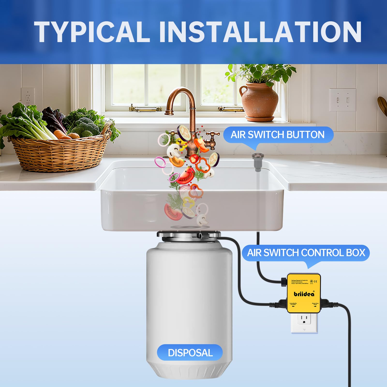 Briidea, kit de interruptor de aire para eliminación de basura, doble salida para fregadero, eliminación de residuos, acero inoxidable, bronce aceitado, botón de aire de encendido/apagado, parte de
