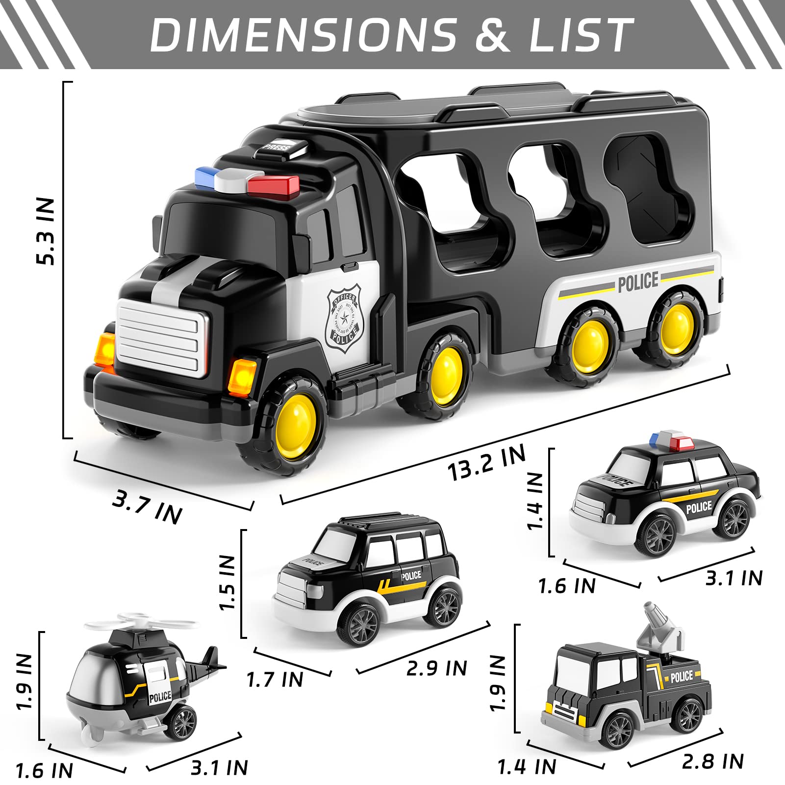 Camión de policía 5 en 1 para niños de 1, 2, 3, 4, 5 años, vehículos de rescate de policía, autos, camiones, autobús, helicóptero para niños de 1 a 3 a 5 años, juguetes de coche para niños de 1 9