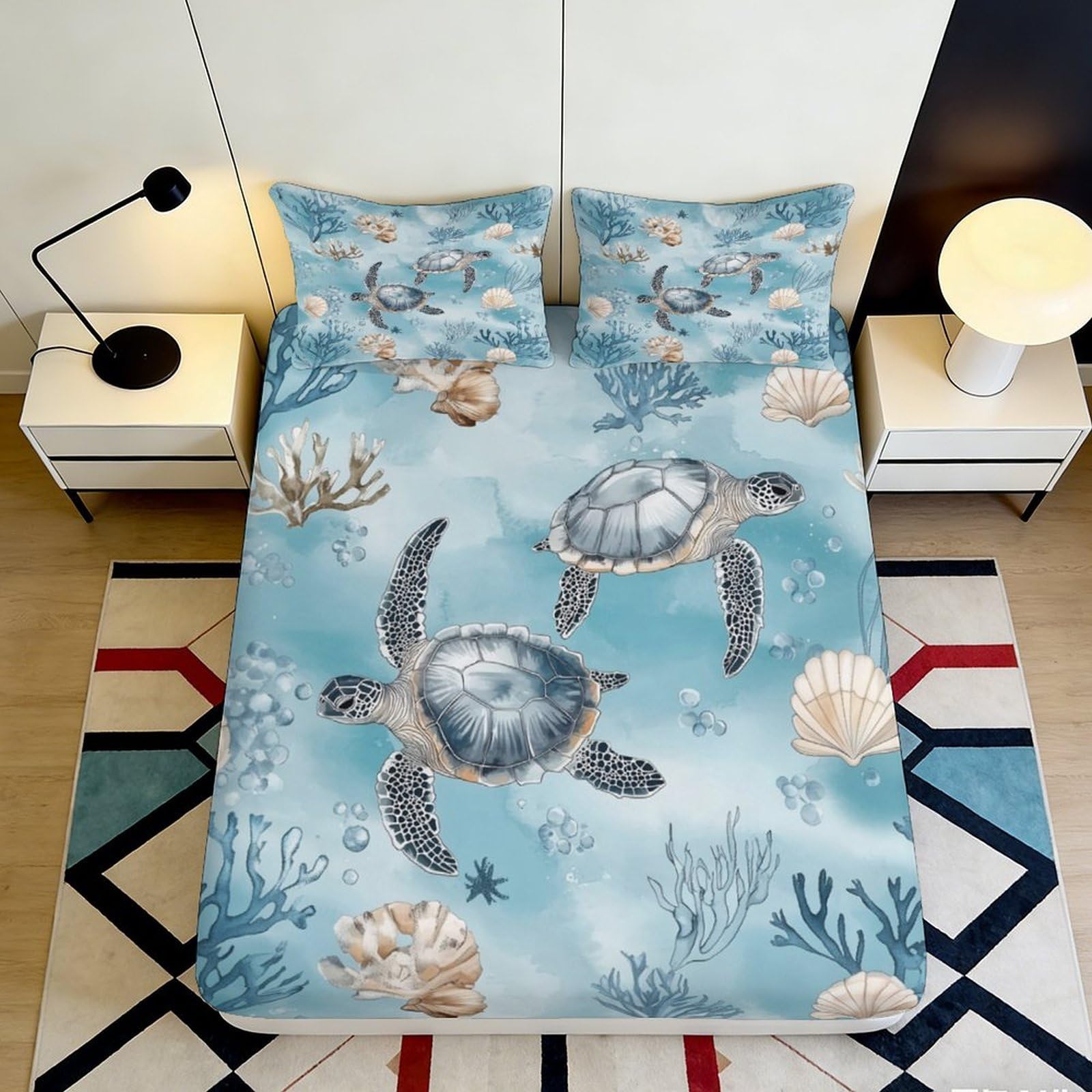 Pnayamiorkfel Style-9 3D Printed Sea Turtle Ocean Fitted Sheet Microfiber Soft Breathable Coral Shell Mattress Cover For Bedroom Guest Room Decor 90X200x25cm