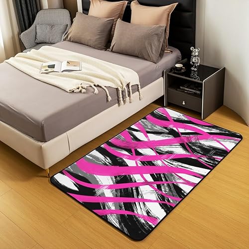 Miniatura 5 de Feelyou Alfombra de sala de estar, 5 x 7 pies, diseño geométrico de rayas color rosa intenso, para niños, alfombra moderna a rayas para interiores,