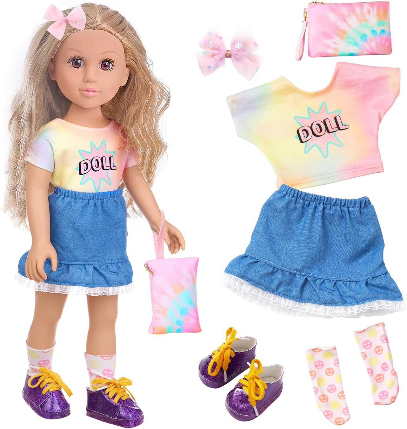 18 Inch Girl Doll Playset with Doll Clothes and Accessories Including 18 Inch Doll T-Shirt Denim Skirt Shoes Handbag Socks Bow Headwear for Little Girl