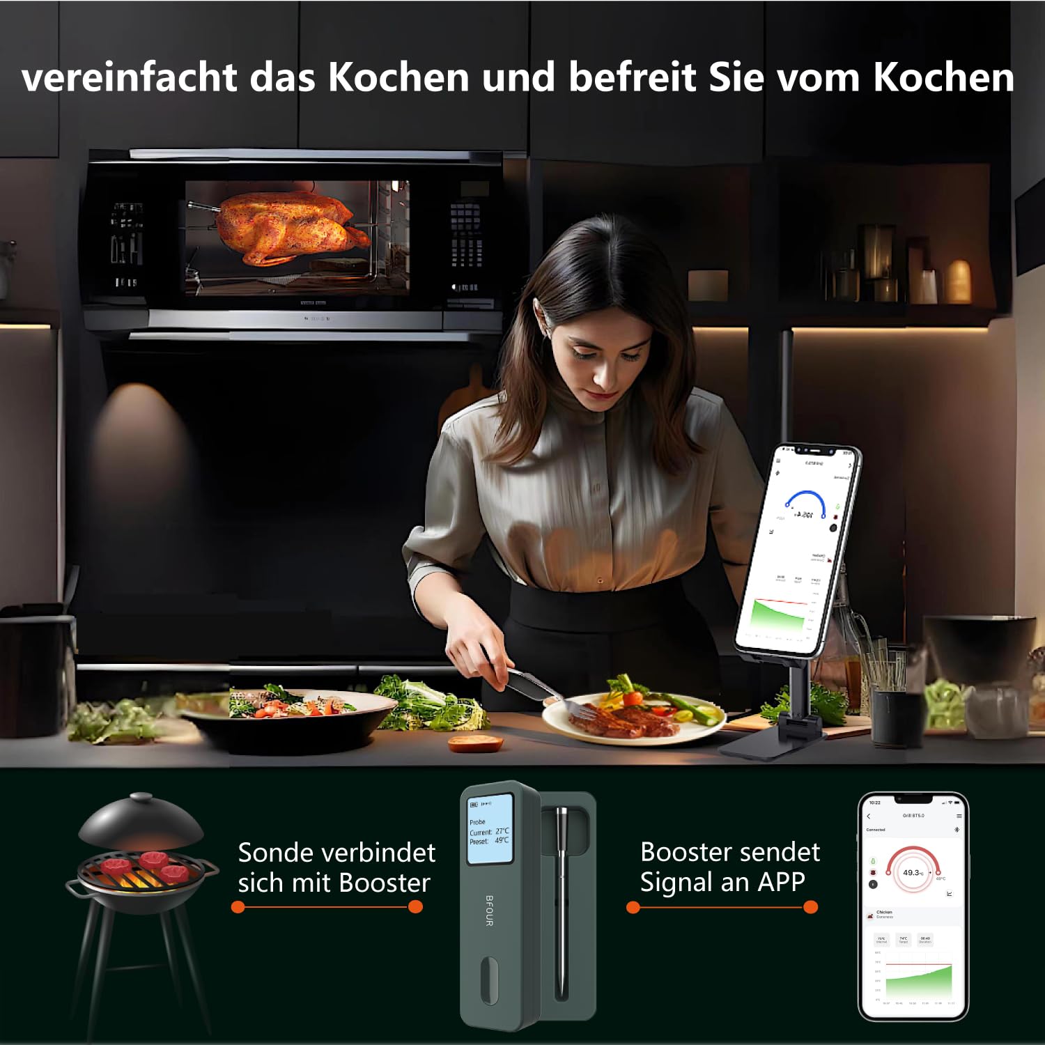 Wireless probe inserted into a large cut of meat on a grill