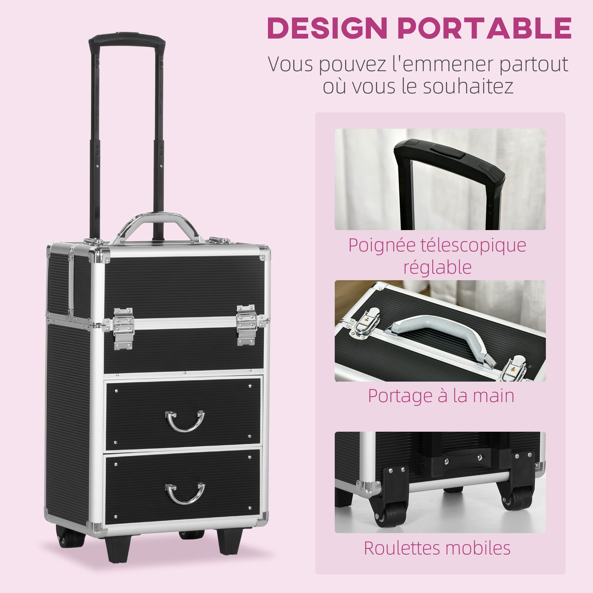 HOMCOM Valise Trolley Maquillage Mallette cosmétique Vanity poignée télescopique réglable 36L x 23l x 58H cm alu ABS Noir