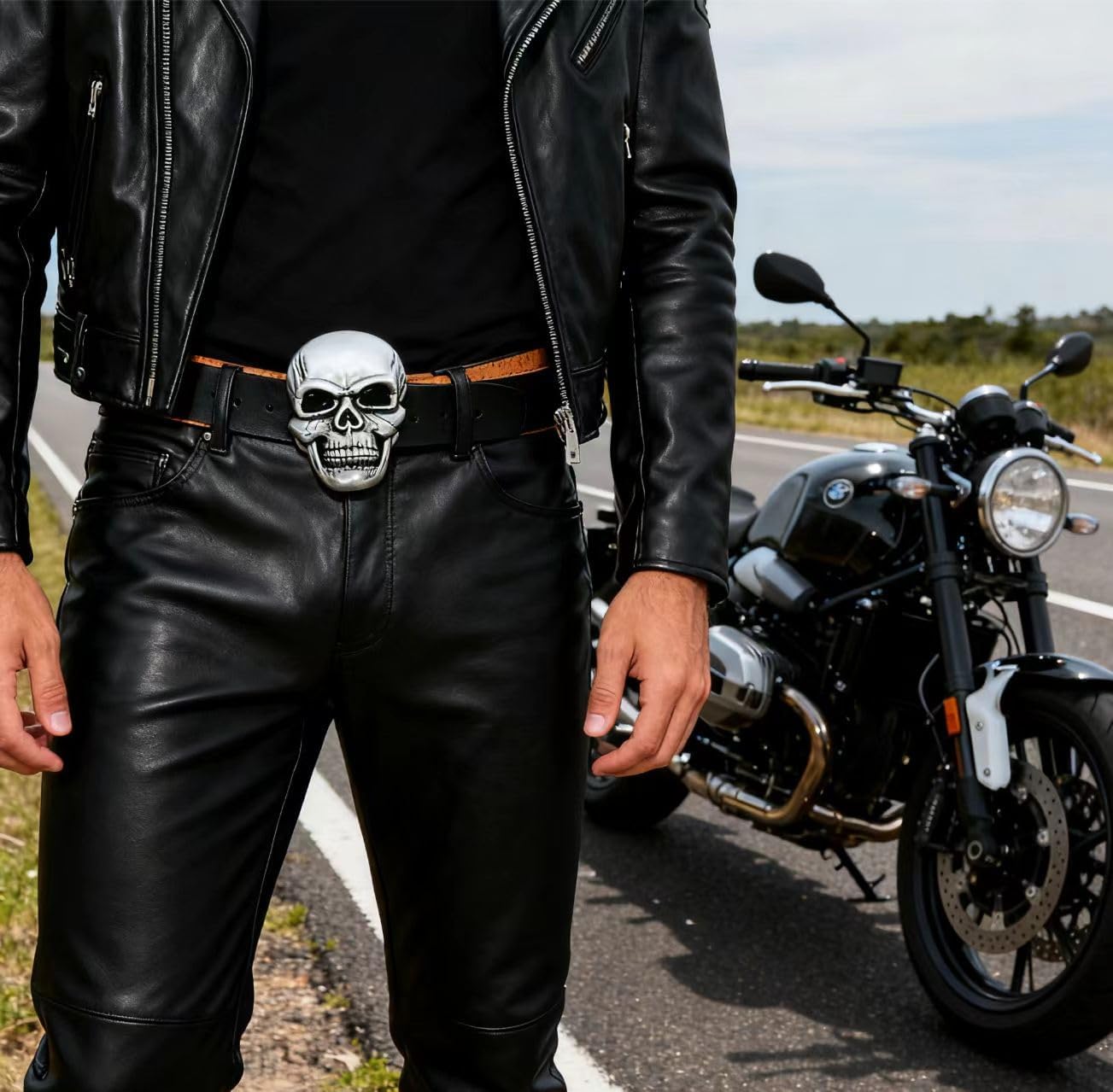 Men's Skull Head Buckle Leather Belt Waist Band, Jeans Decorative Punk Belt - Image 3
