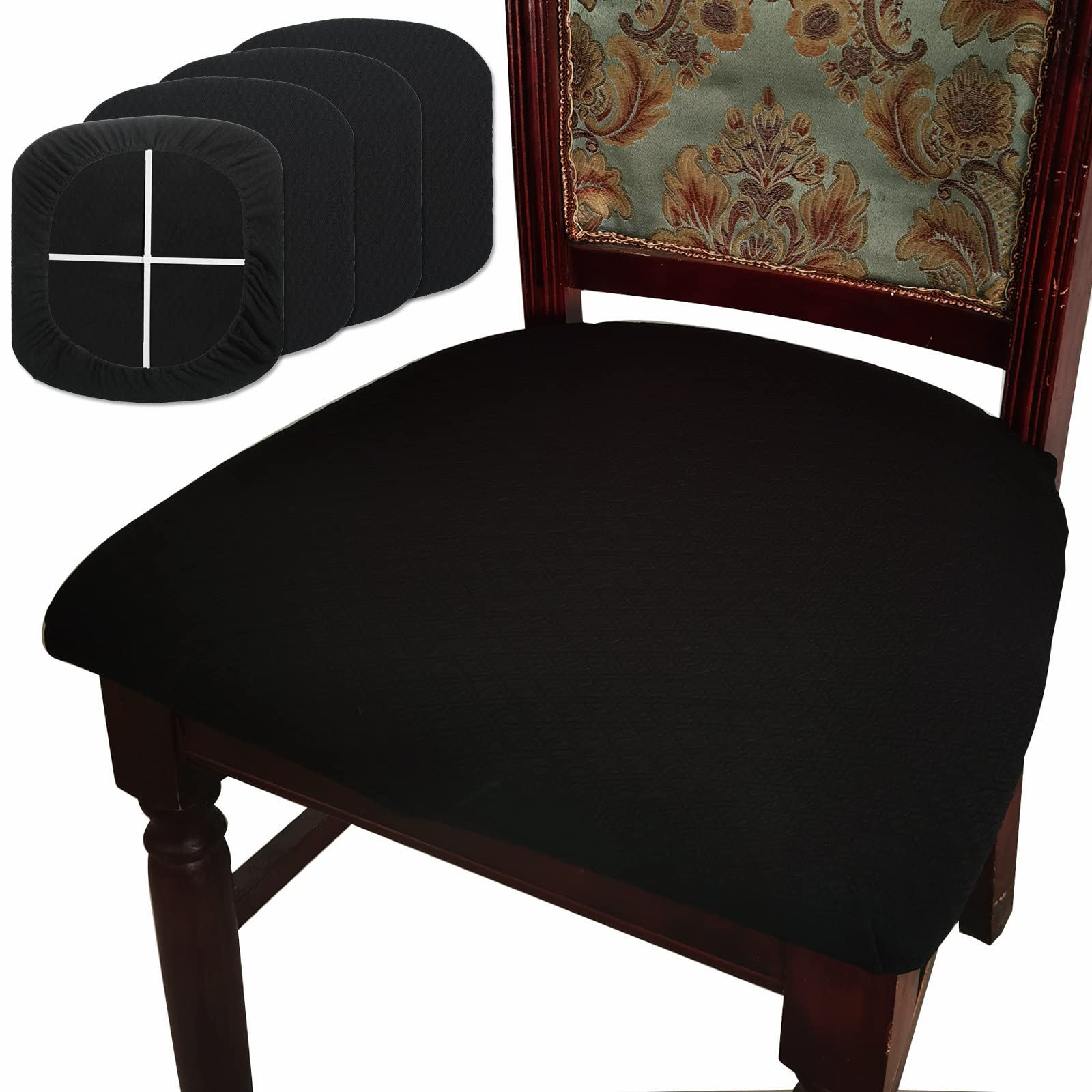 BUYUE Dining Room Chair Seat Covers Set of 4, TPU not Mixed, Friendly Jacquard Fabric Stretch Washable Slipcover for Kitchen Seat Cushions, Black-4PCS