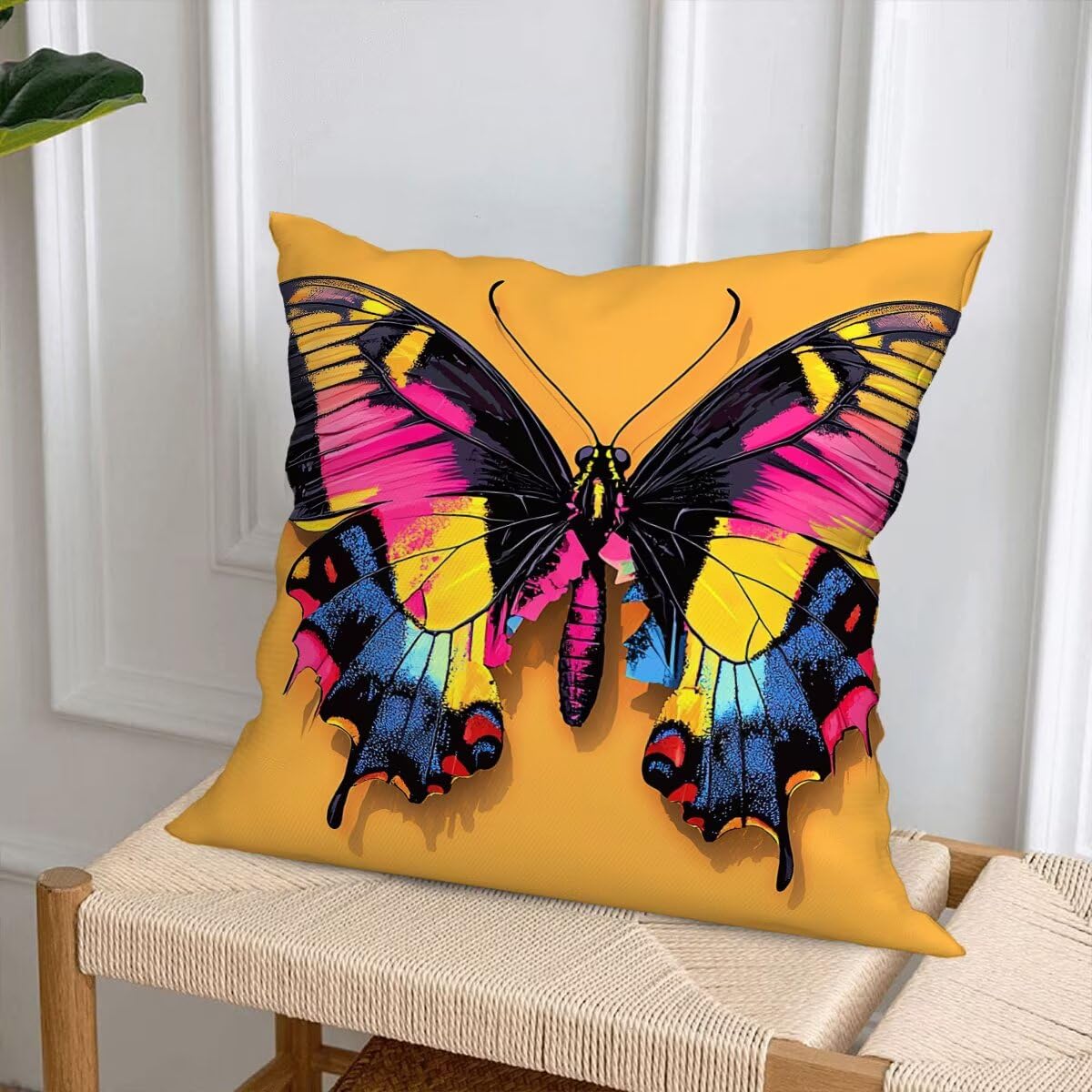 Federe Cuscino Divano 60x60, Giallo Cuscini per Divano da Esterno Set da 4, Lino Copricuscini Divanos Impermeabile, Copri Cuscini Farfalla Motivo Fronte Retro Stampato per Giardino, Sofá, Balcón, F-69