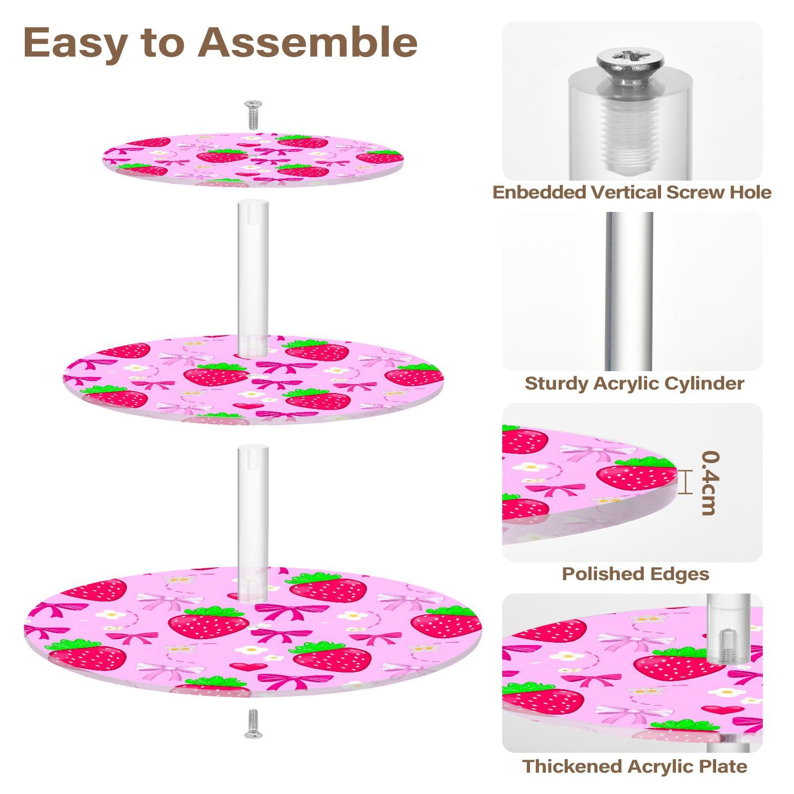 Nander 3 Tier Cupcake Stand,Watercolor Strawberries Large Cupcake Tower Display, Round Cupcake Holder, Acrylic Dessert Stand, Pastry Display Tree for Party, Wedding, Baby Shower