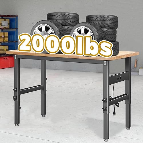 Miniatura 5 de Banco de trabajo, banco de trabajo ajustable con tomas de corriente, mesa de trabajo resistente para garaje, taller, oficina, escritorio de trabajo