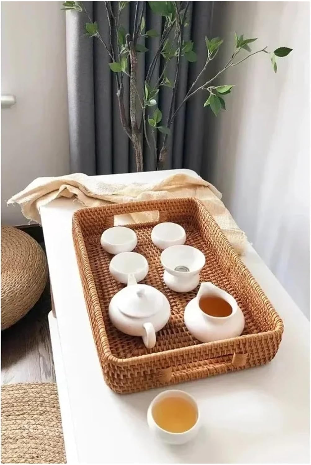Hand-Woven Rattan Storage Basket TrayTea Fruit Round Case With Handle Afternoon Tea Fruit Tray Storage Basket Food Display Tray(Rectangle38x26x7cm L)