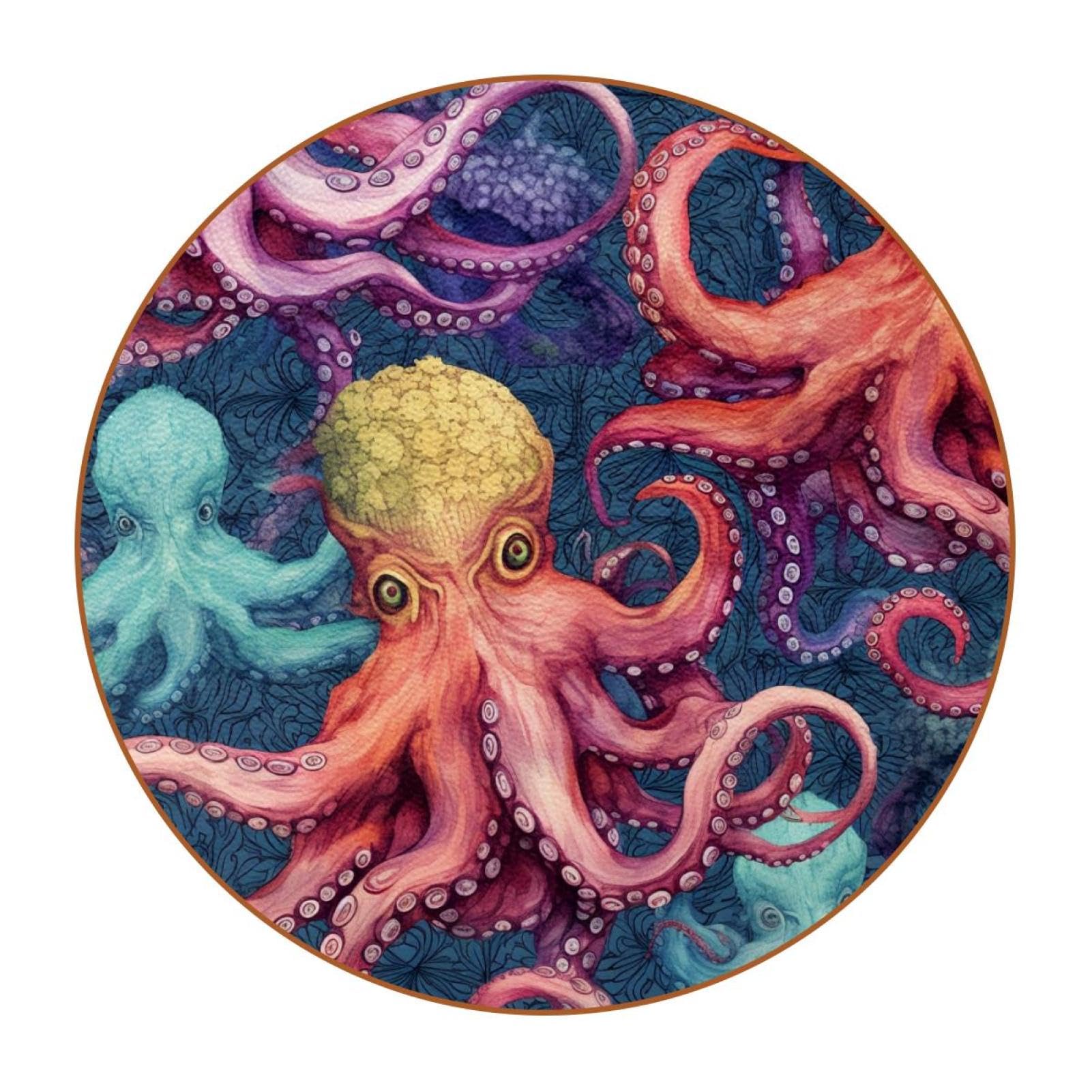 Cartoon-Ozean-Oktopus-Untersetzer für Getränke, 6 Stück, Tisch-Schutzmatte für Weingläser, Tassen und Tassen, wiederverwendbar im Büro, Küche, Bar, 10,9 cm