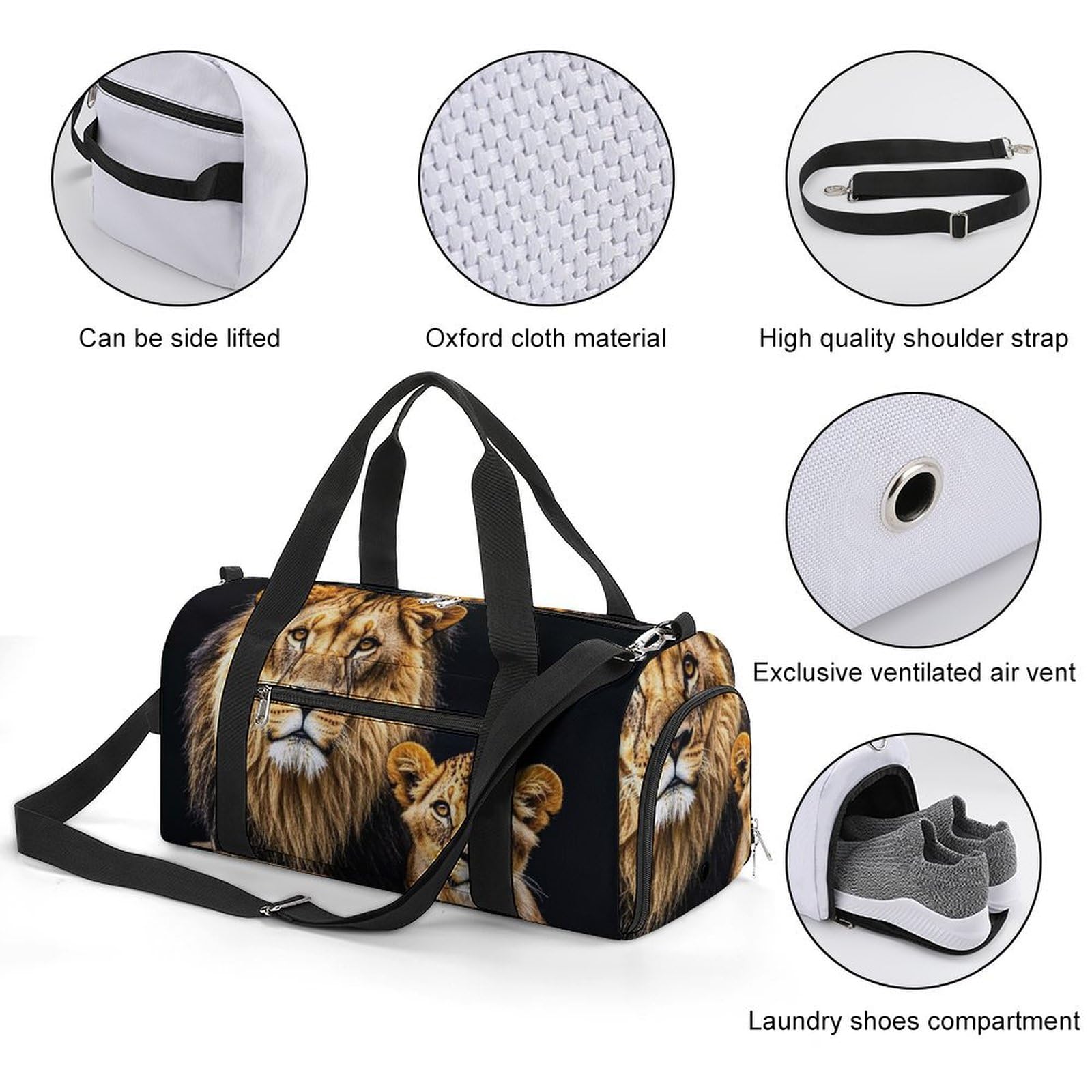 Borsa da palestra con leone e giovane leone per uomini e donne, impermeabile, grande borsone per allenamento da viaggio