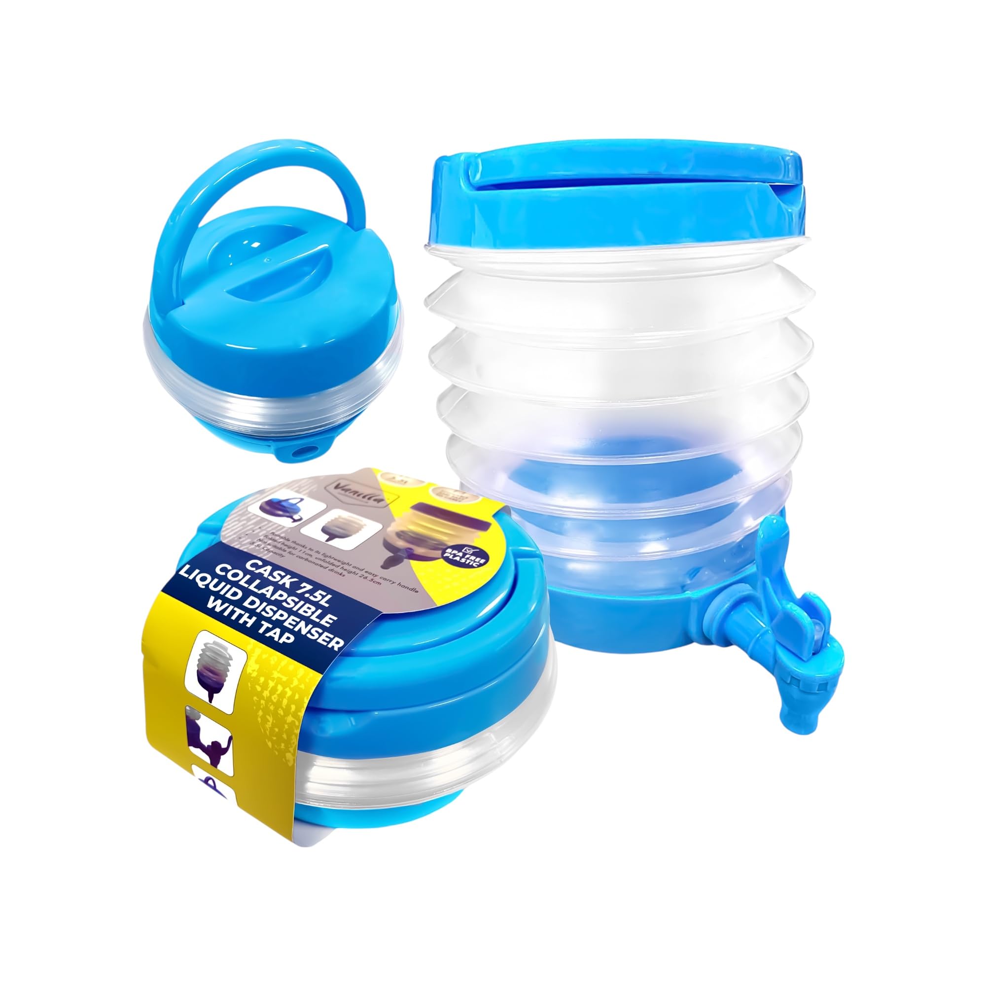 Vanilla Leisure Collapsible Water Container with Tap - Festival & Camping Essentials - Foldable Water Carrier Equipment - Easy Storage & BPA Free - Portable Lightweight Carry Handle (7.5 Litre)