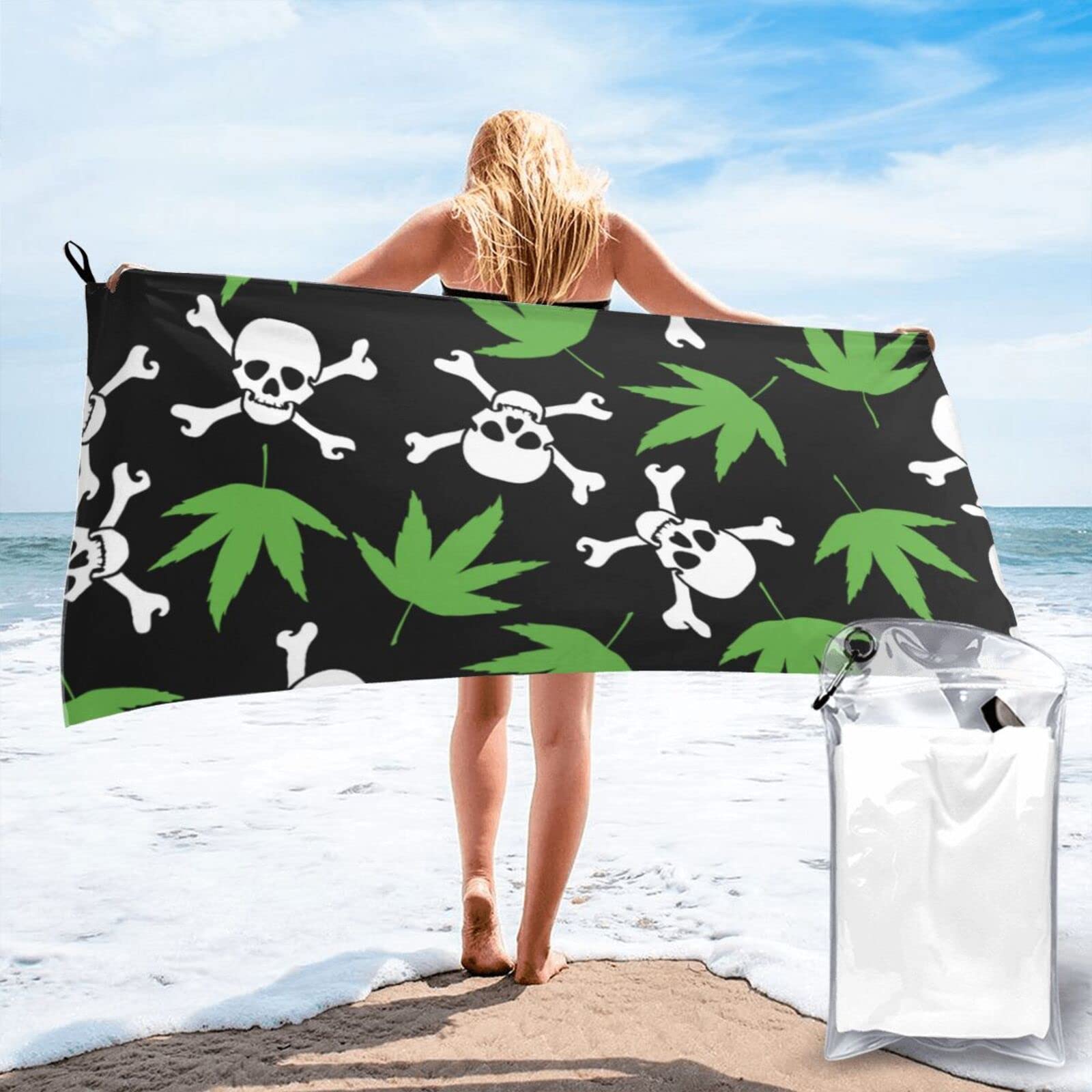 Lawenp Leaves and Skull Microfiber Beach Towel Adults Large Quick Drying Bath Towel Travel Towels with Pouch 31.5"x63"