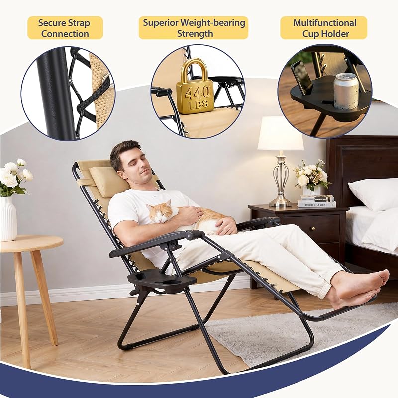 Sweetcrispy Zero Gravity Chairs, Set of 2 Portable Recliner Beach Camping Patio Outdoor Folding Lounge Chair with Cup Holder Trays and Adjustable Pillow for Poolside, Garden, Backyard, Lawn, Khaki image 4