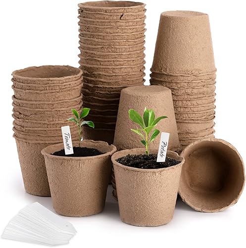 Cedilis Paquete de 60 macetas de turba de 4 pulgadas, macetas biodegradables con etiquetas para plantas, tazas de inicio de estación de germinación,