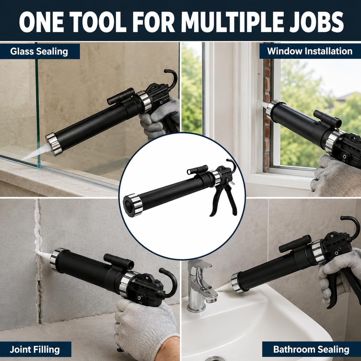 Pistolet do uszczelniacza, ręczny aplikator uszczelniacza z 19 łożyskami | Napęd 19-łożyskowy, aluminiowy cylinder, obrót 360° i podświetlenie USB LED do kontrolowanego uszczelniacza(With lights-B)