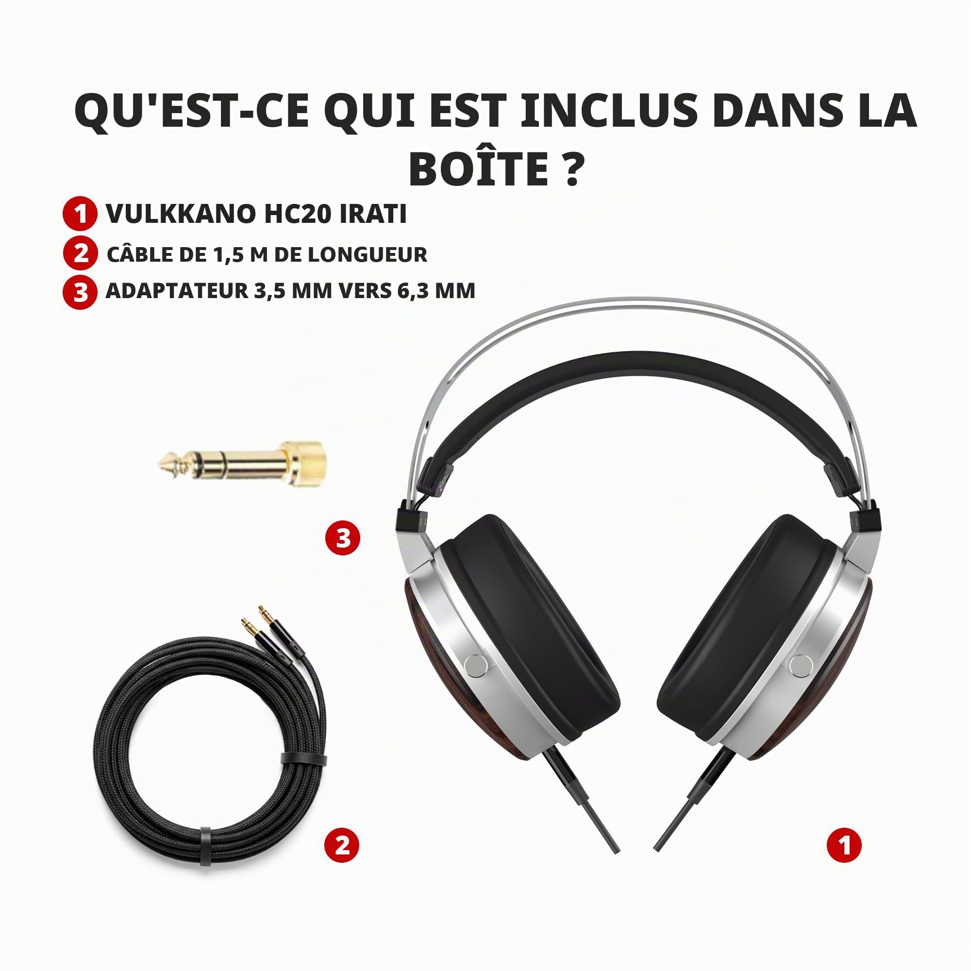 VULKKANO HC20 IRATI Casque studio professionnel Over-Ear avec bonnets en bois, drivers 50 mm, son équilibré avec basses définies, câble 1,5 m, 32 ohms, réponse fréquence 20 Hz - 20 kHz
