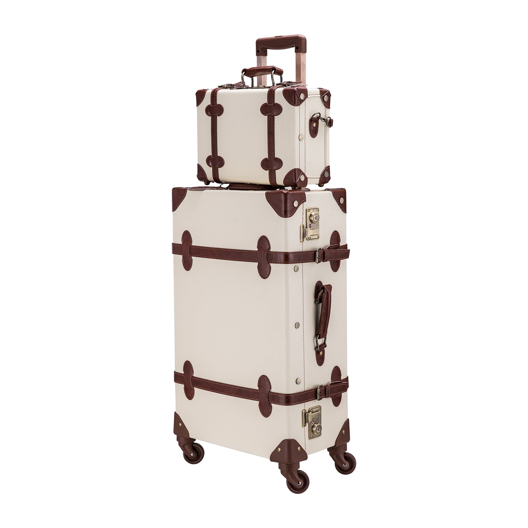 Premium Vintage Luggage Set 24 Inches TSA Locks Wheel Suitcase with 12 Inches Hand Bag (Beige