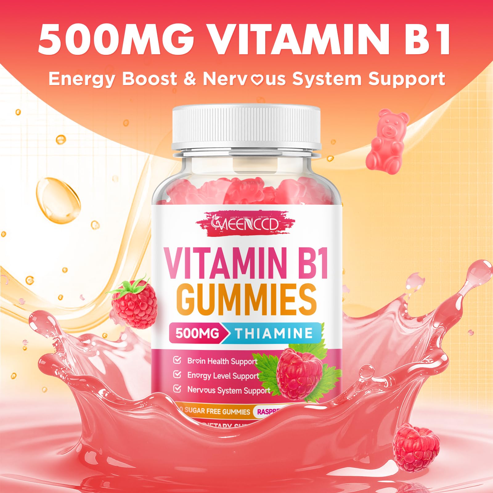 Vitamin B1 Gummies 500mg, Thiamine B1 Supplement Supports Energy Production, B1 Vitamin for Adults & Kids, Sugar-Free, Vegan, Raspberry Flavor, 60 Count — Amazon image 7