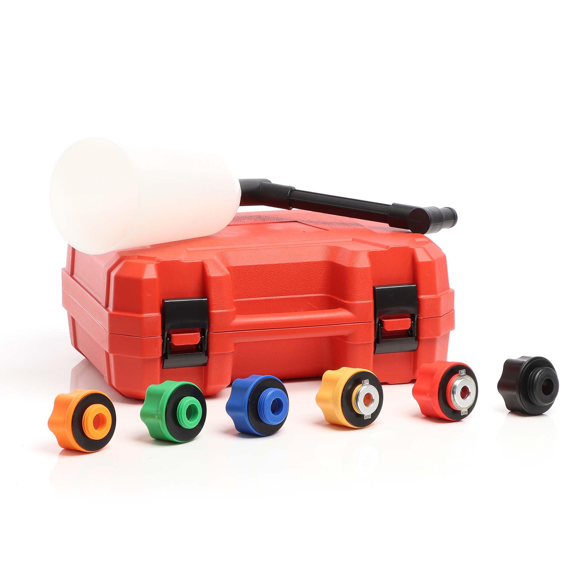 XPOtool Kit de Trémie de remplissage d’huile 8 pièces - avec Entonnoir, Bras rallonge et 6 adaptateurs M32, M35, M37, M42, 2 avec baïonnette - Remplissage moteur automobile