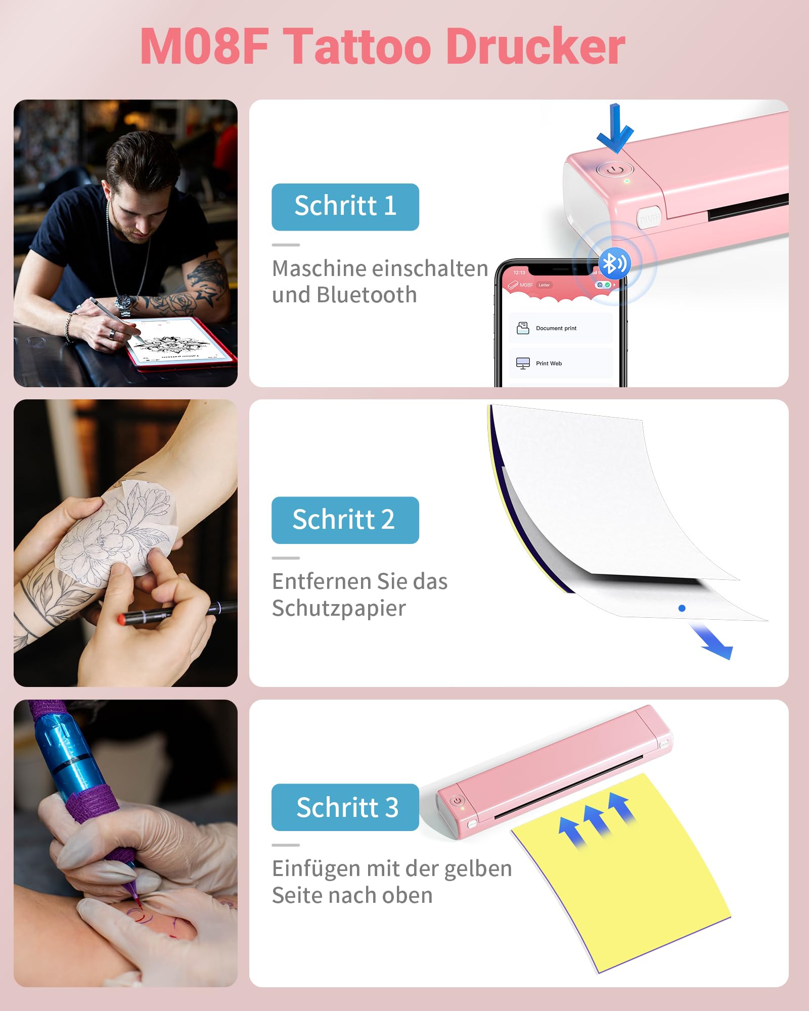 Itari Tragbarer Tattoo Drucker, M08F Drahtlose Tattoo Maschine Stencil Drucker Printer, Tintenloser Thermodrucker Bluetooth Drucker für Tattoo, Unterstützt Tattoo Transferpapier und Thermopapier A4