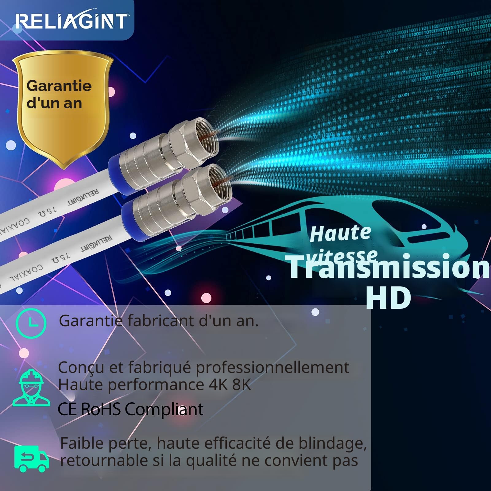 Câble coaxial TV RG6 1m 75 Ohm antenne satellite connecteurs F F81 cuivre étanche 3 GHz blanc