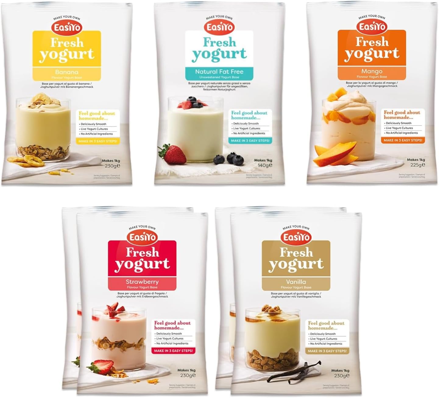 Yogurt 7 Sachet Pack | EasiYo Mixed Pack | 2 x Strawberry 2 x Vanilla 1 x Banana 1 x Mango 1x Natural Fat Free | Each Sachet Makes 1kg of Yogurt