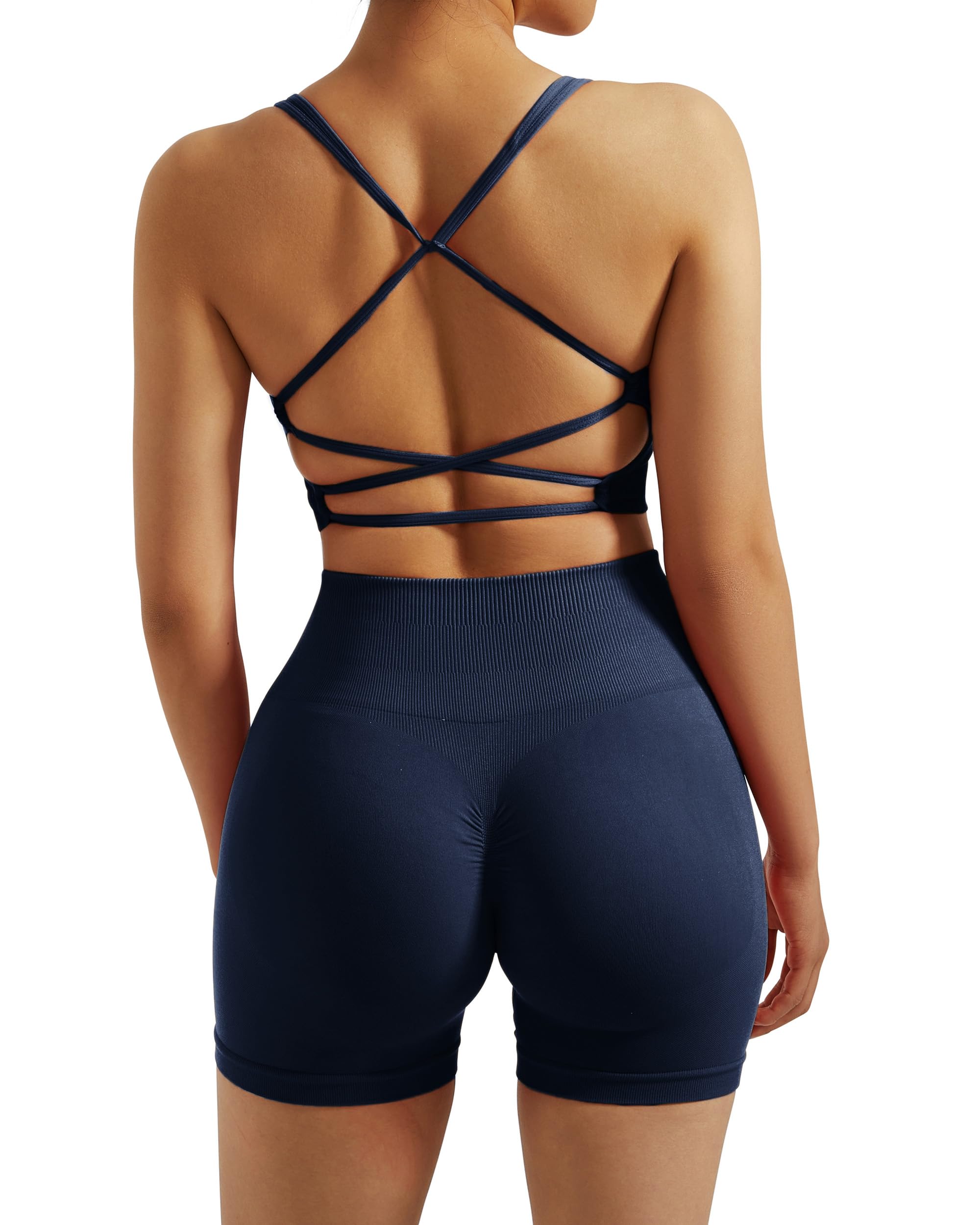 RXRXCOCO Seamless Workout Sets for Women 2 Piece Strappy Sports Bras Scrunch Butt Booty Shorts Matching Yoga Tracksuits