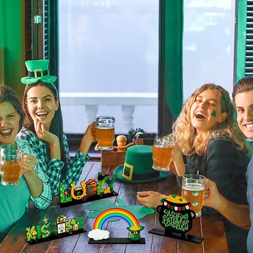 Miniatura 6 de WATINC 4 piezas de decoración de mesa de madera del día de San Patricio, decoración de centro de mesa de madera de trébol, bandeja escalonada de
