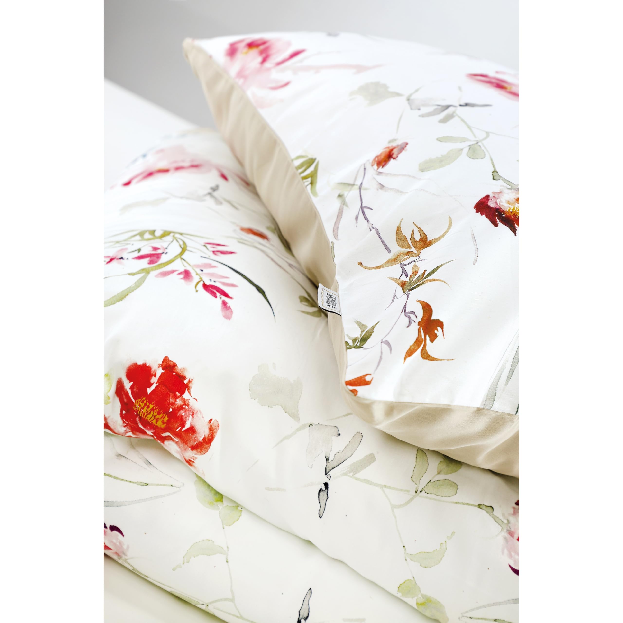SCHÖNER WOHNEN Juego de sábanas de satén 135x200 algodón flores motivo primavera - Juego de ropa de cama de lujo 2 piezas blanco/beige - transpirable - 1x funda de edredón y 1x funda de almohada