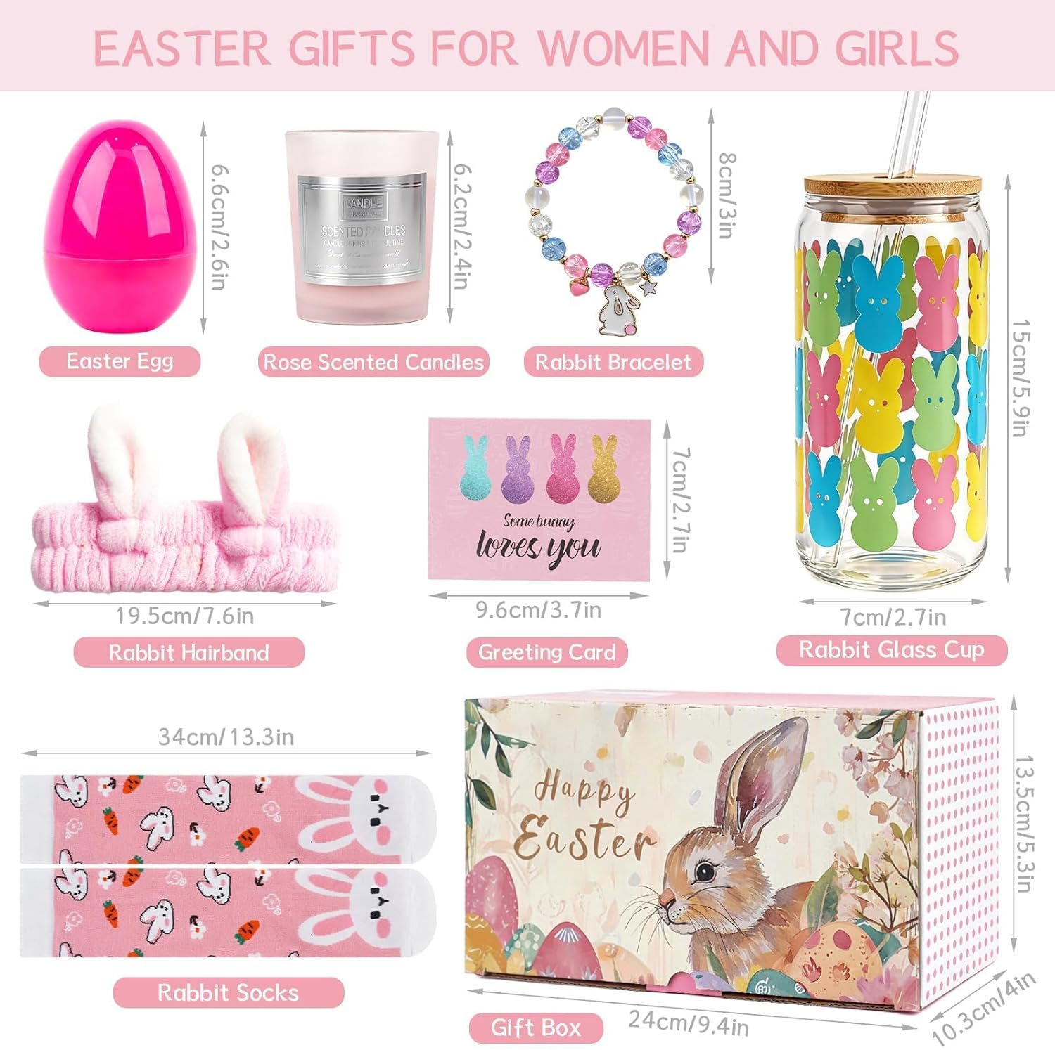 Easter Baskets for Adults, Easters Basket Easter Gifts for Teen Girls, 18oz Bunny Glass Cup Gift with Lid Straw, Prefilled Easters Basket Stuffers for Women with Candle, Bracelet, Socks Hairband