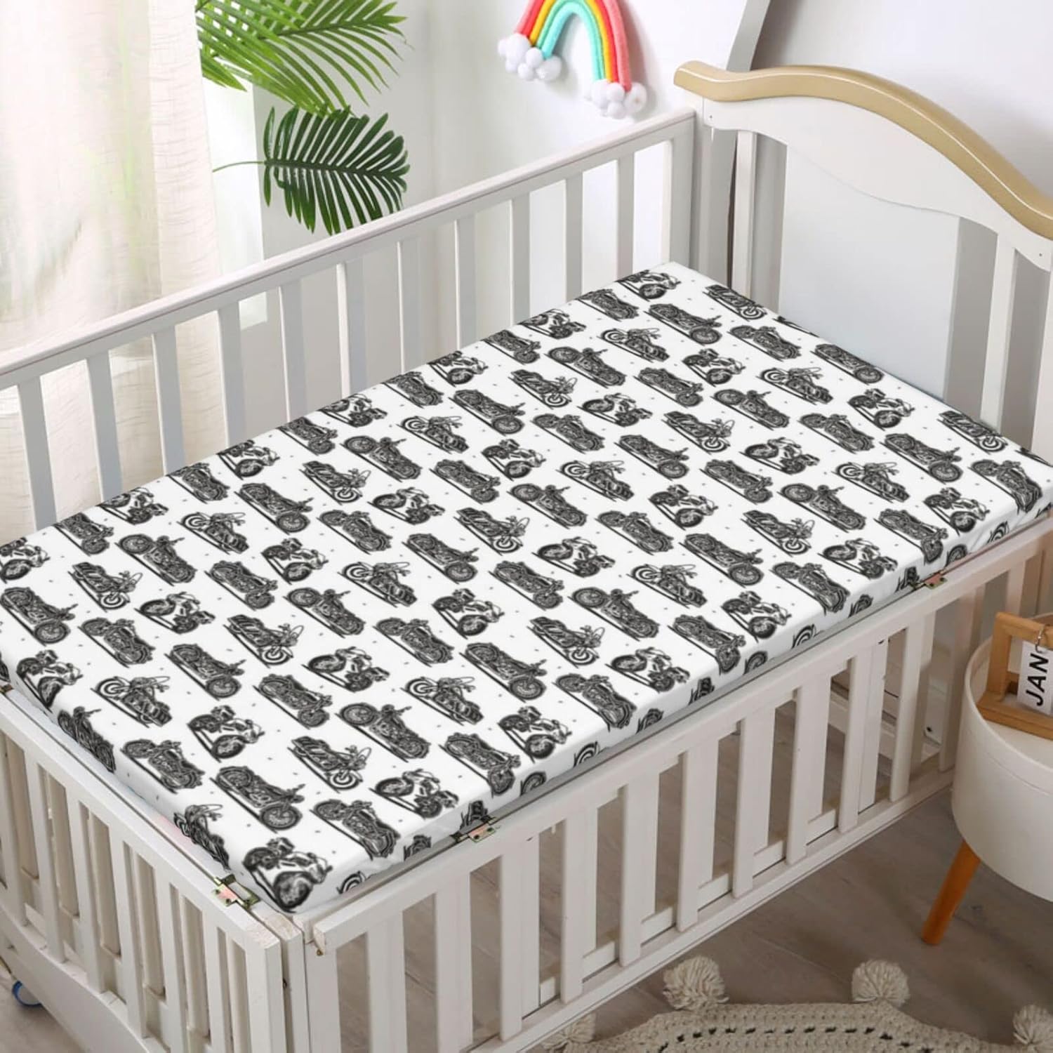 Motorcycle Themed Fitted Crib Sheet,Soft Toddler Mattress Sheet Fitted - Baby Crib Sheets for Girl or Boy,White Black Grey,28“ x52“