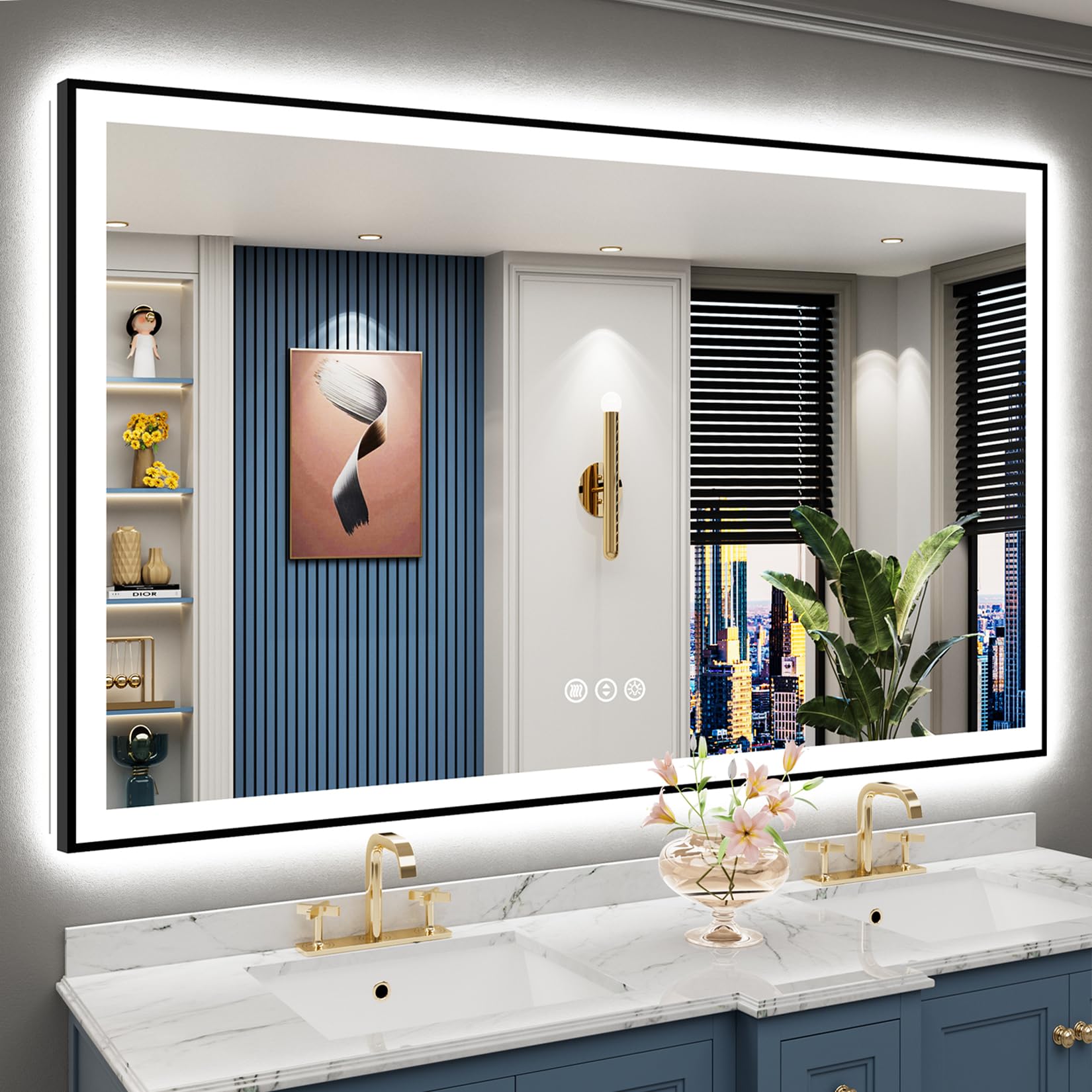 66x40 Black Framed LED Bathroom Mirror Backlit &amp; Front Lit Anti-Fog | Lighted Vanity Mirror, Dimmable 3-Color Light, Memory, CRI95, Tempered Glass, IP54 Waterproof, UL Listed, Horizontal/Vertical