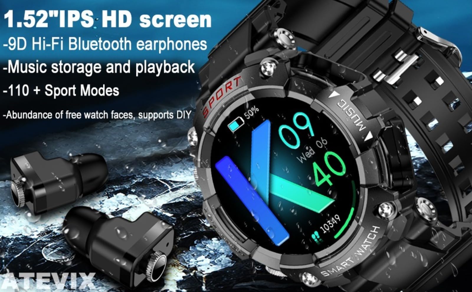 Smart Watch con tappi per le orecchie da uomo, orologio fitness rotondo da 3,9 cm, orologio Bluetooth 2 in 1, con passi, calorie, smart watch sportivo, lungo standby, adatto per iOS e Android