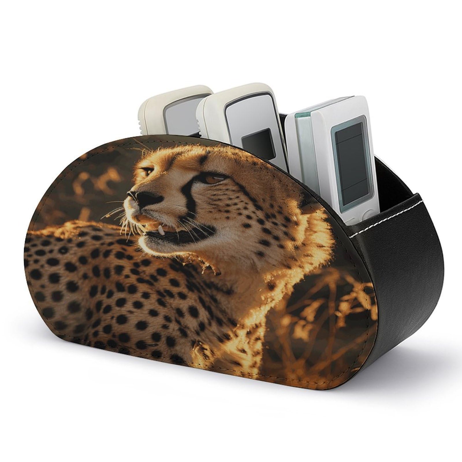 LZQPOEAS Cheetah Remote Control Holder Desk Storage Organizer Box Container Remote Storage Box with 5 Compartments PU Leather Remote Caddy for Home Bedside Table Organizer