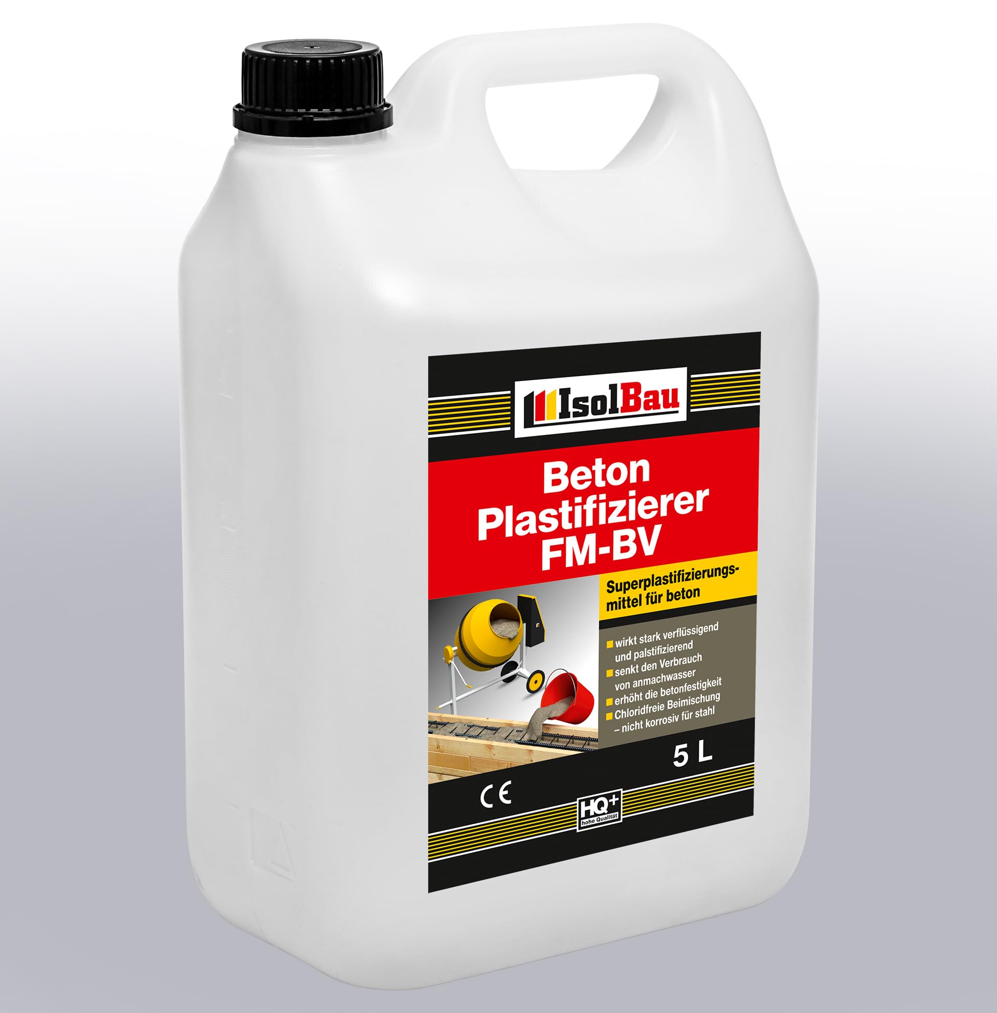 Isolbau Beton Plastifizierer FM-BV - 5 Liter, stark verflüssigend & plastifizierend – Betonverflüssiger Fliessmittel als Zusatzmittel für Estrich, Beton, Mörtel - Chlorfrei, keine Stahlkorrosion