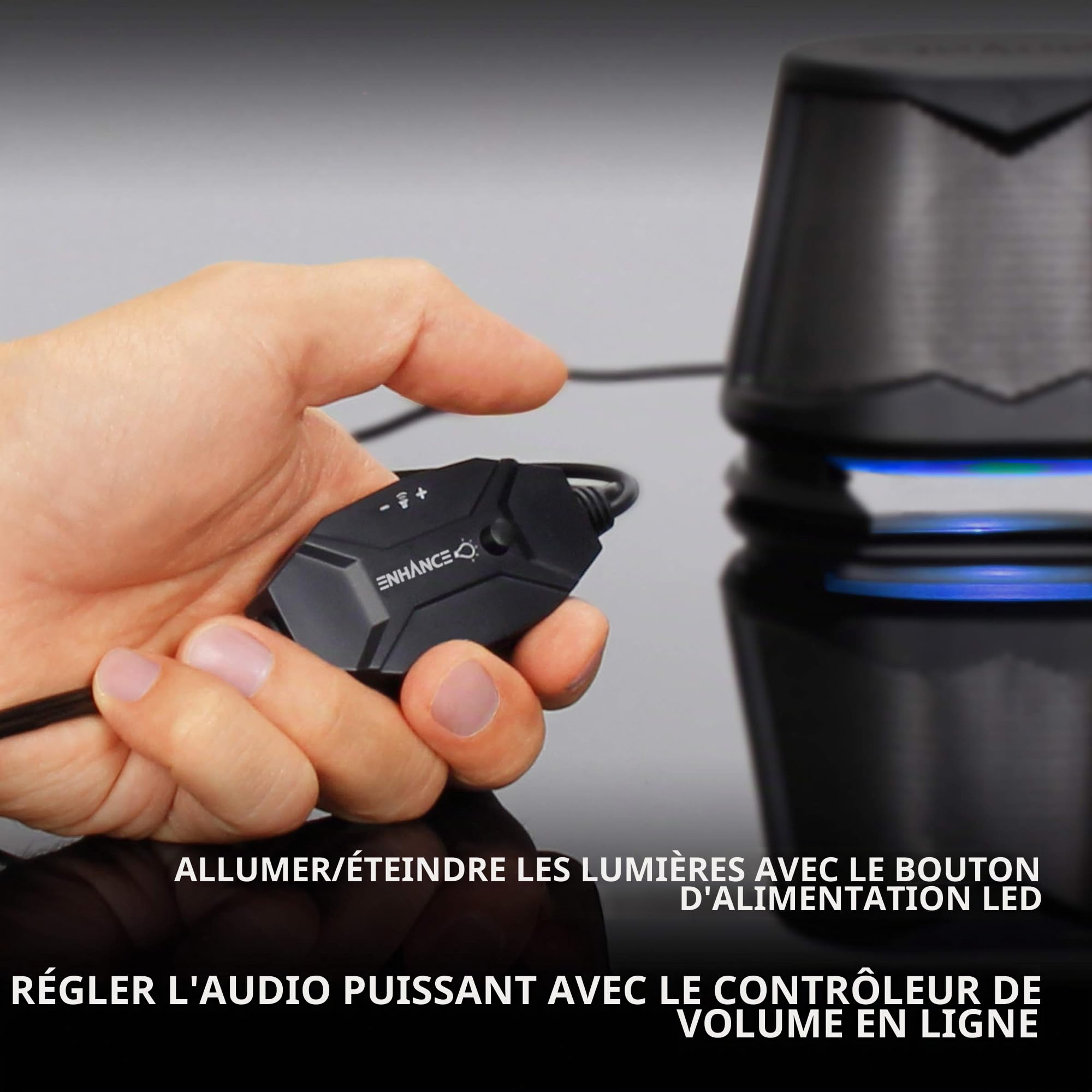 ENHANCE SB2 Haut-parleurs pour PC avec lumières LED Bleues et Design alimenté par USB 2.0 – Son de crête de 10 W, Connexion Filaire de 3,5 mm, contrôle du Volume en Ligne – Compatible avec Ordinateur