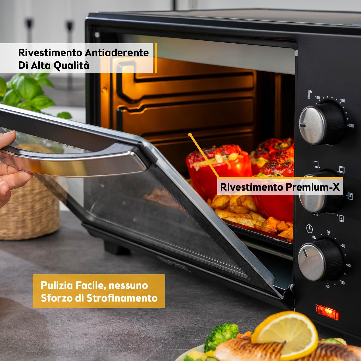 TZS First Austria - Mini Forno 35L 1600W - Fornetto per pizza con regolazione temperatura fino a 230°C e rivestimento antiaderente - Con timer di 60 min, 3 altezze di inserimento, teglia e griglia