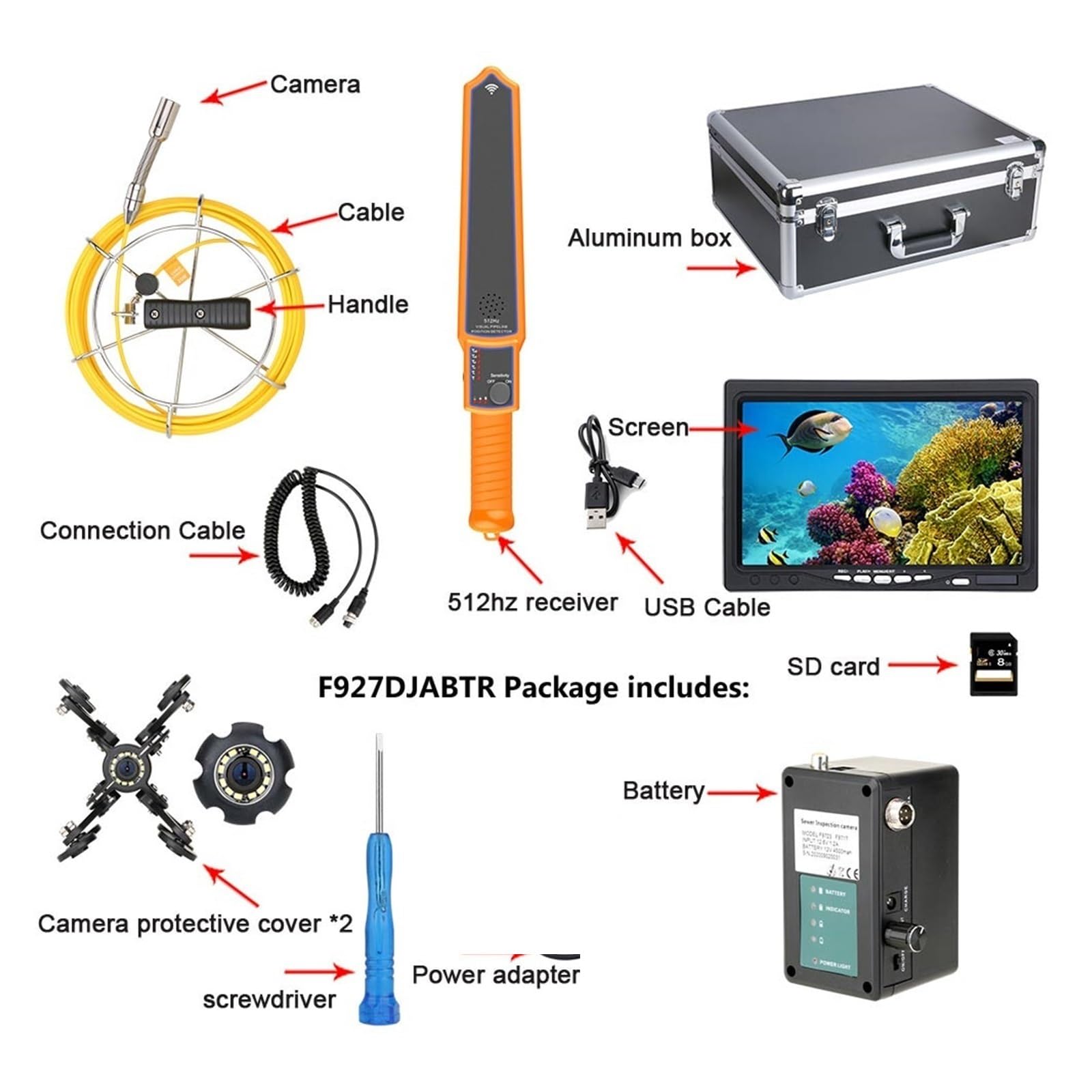 Endoscopio Cámara de vídeo inspección tuberías alcantarillado DVR con Monitor 7 "con contador medidor Autonivelación automática 512HZ localizador 22MM IP68 HD(20m,DVR-Receiver)