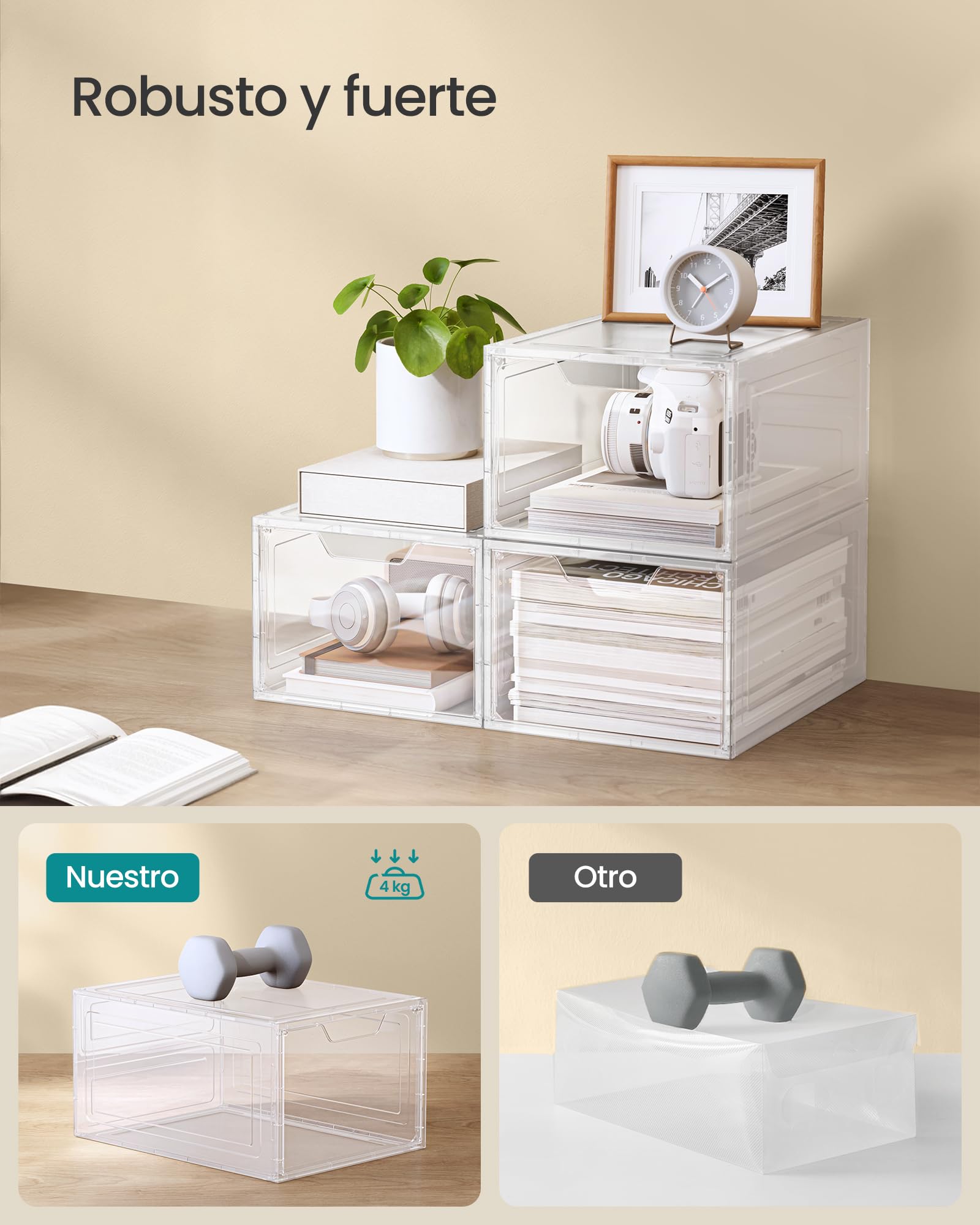 SONGMICS Cajas de Zapatos, Cajas Plástica Apilable para Zapatos, Juego de 12 Organizador de Zapatos, Ahorro de Espacio, Fácil Montaje, 34 x 25 x 18,4 cm, Hasta Talla 44, Blanco Transparente