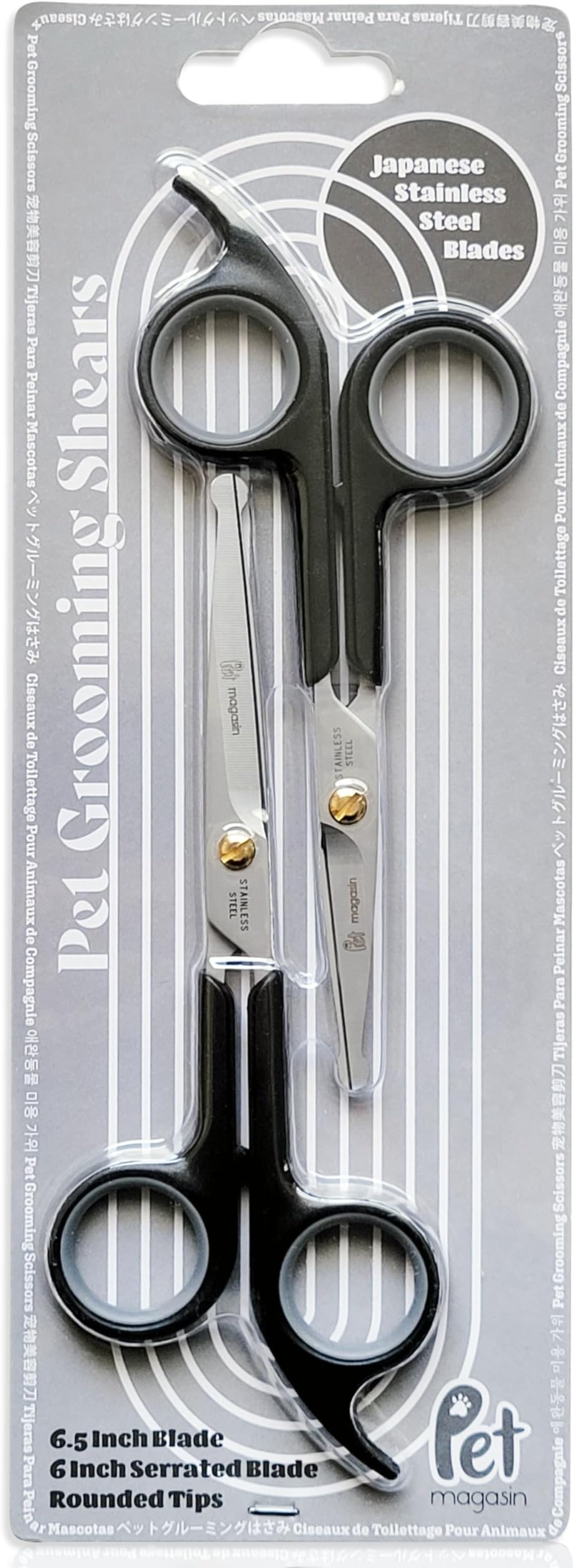 Pet Magasin Japanese Stainless Steel Grooming Scissors (2) for Facial Hair and Larger for Body Trimming with Round Tip (Black)