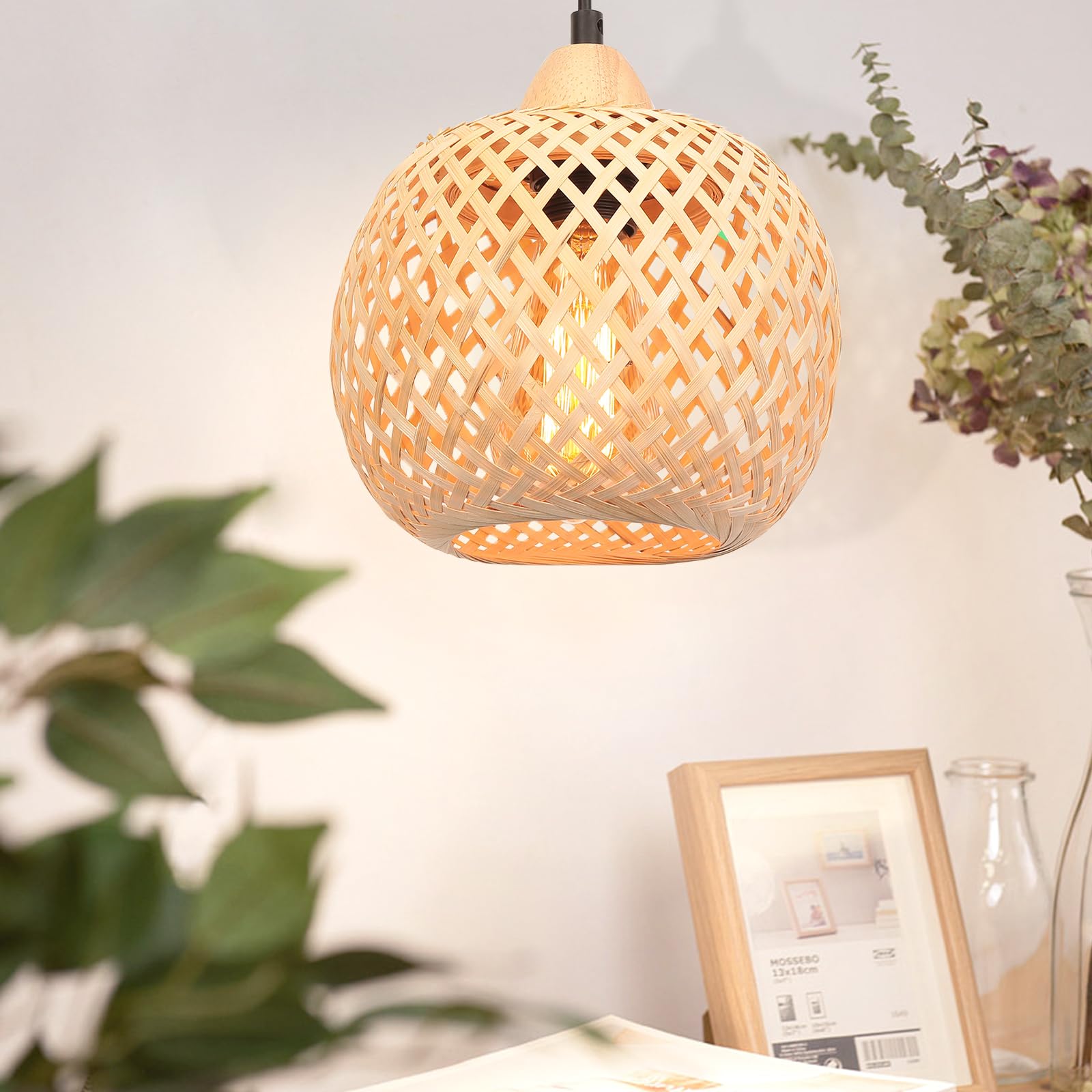 2 Stück Pendelleuchte Bambus Weben Kronleuchter Rattan Boho Style Bambus Lampenschirm Vintage Deckenlampe Dekoration Deckenleuchte für Restaurant, Wohnzimmer, Küche, Café