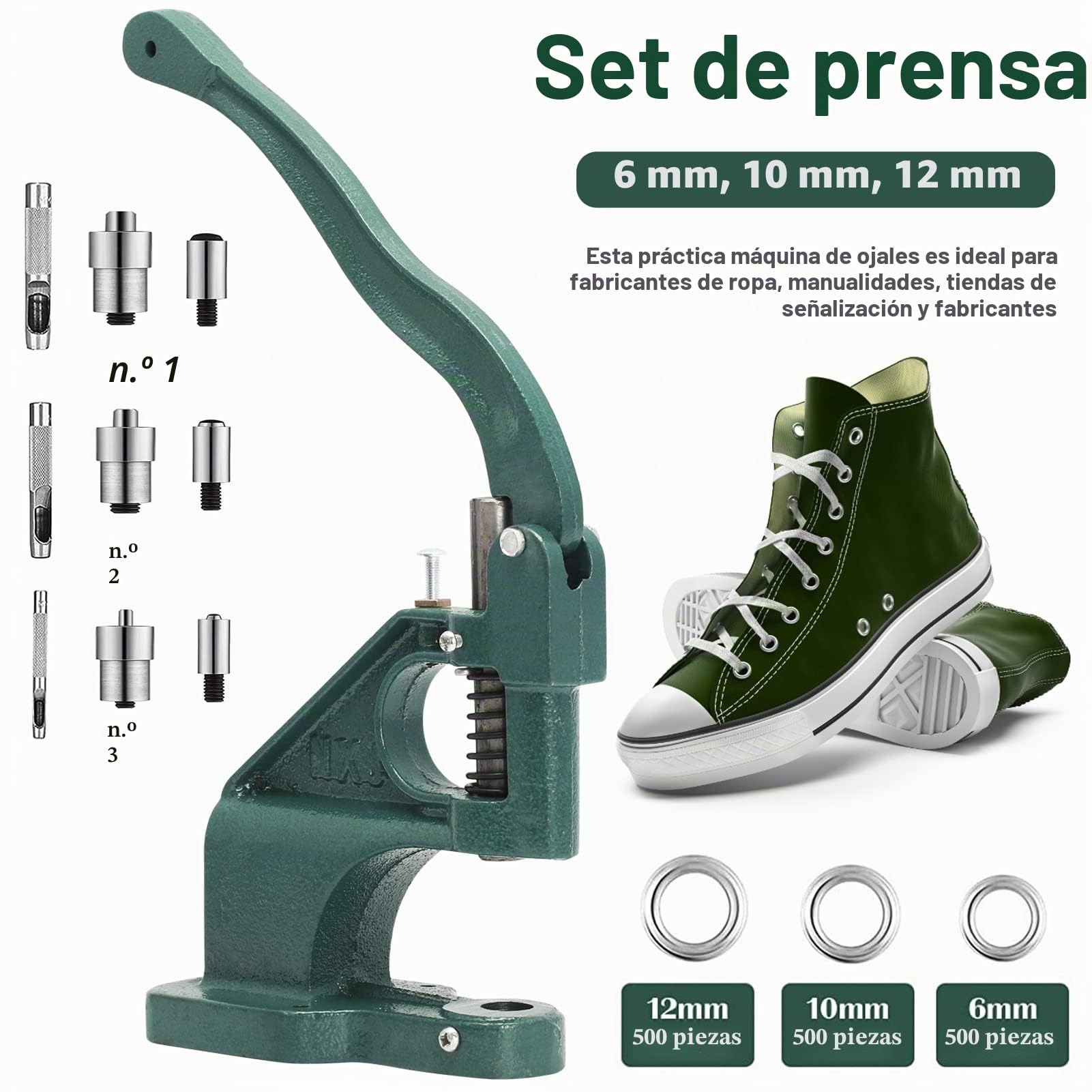 Emoshayoga Maquina de Ojales Metalicos, Prensa Manual de Ojales con Troqueles, Prensa de Ojales con 3 Sellos y 1500 Ojales, 6 mm / 10 mm / 12 mm, para Cuero Tela Cinturón Ropa Zapatos Bolso Ojales