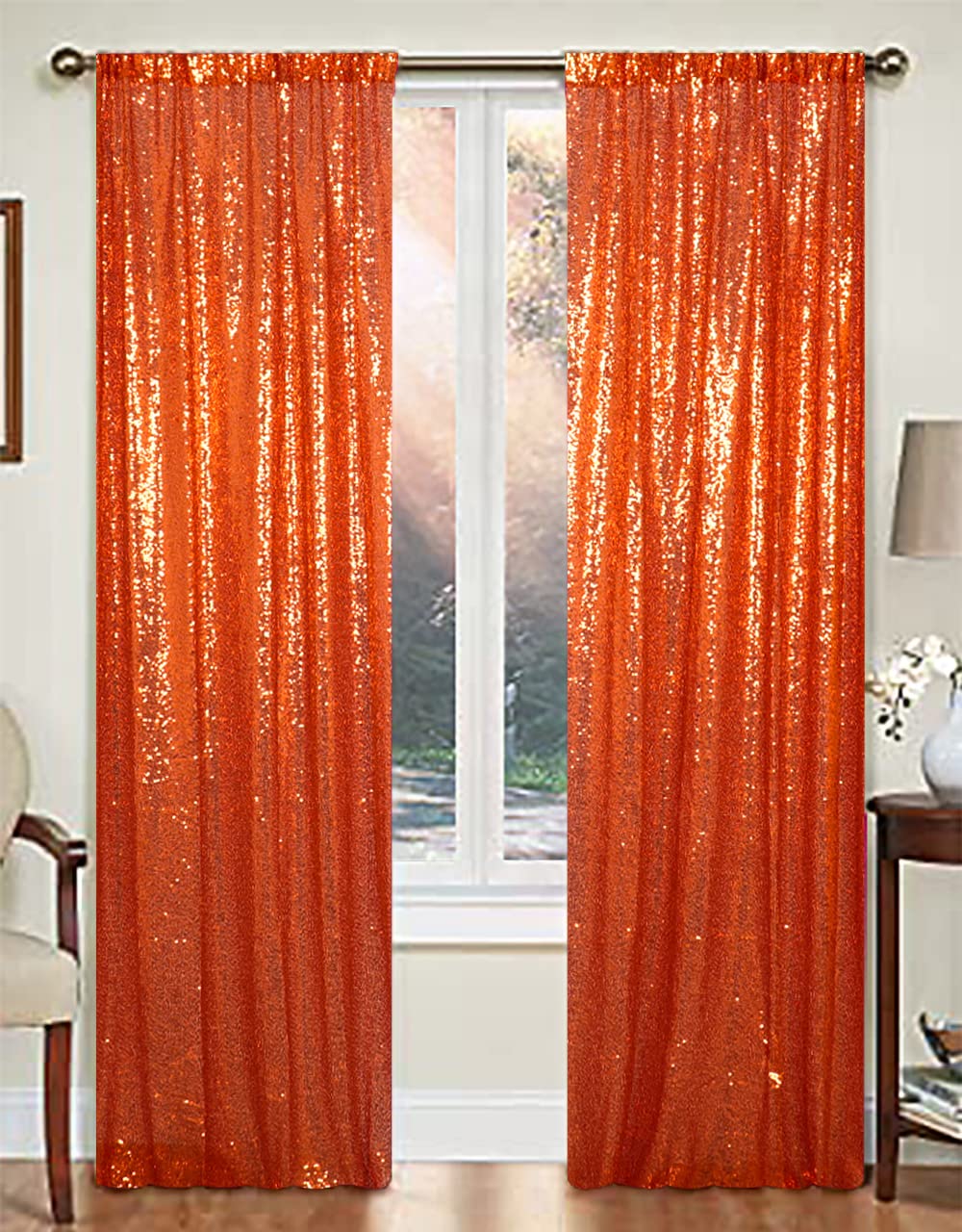 AMZLOKAE Orange Backdrop Curtains 2 Panels 2Ftx7Ft Sequin Backdrops Photo Background Shimmer Wall Backdrop for Halloween, Birthday, Party, Wedding