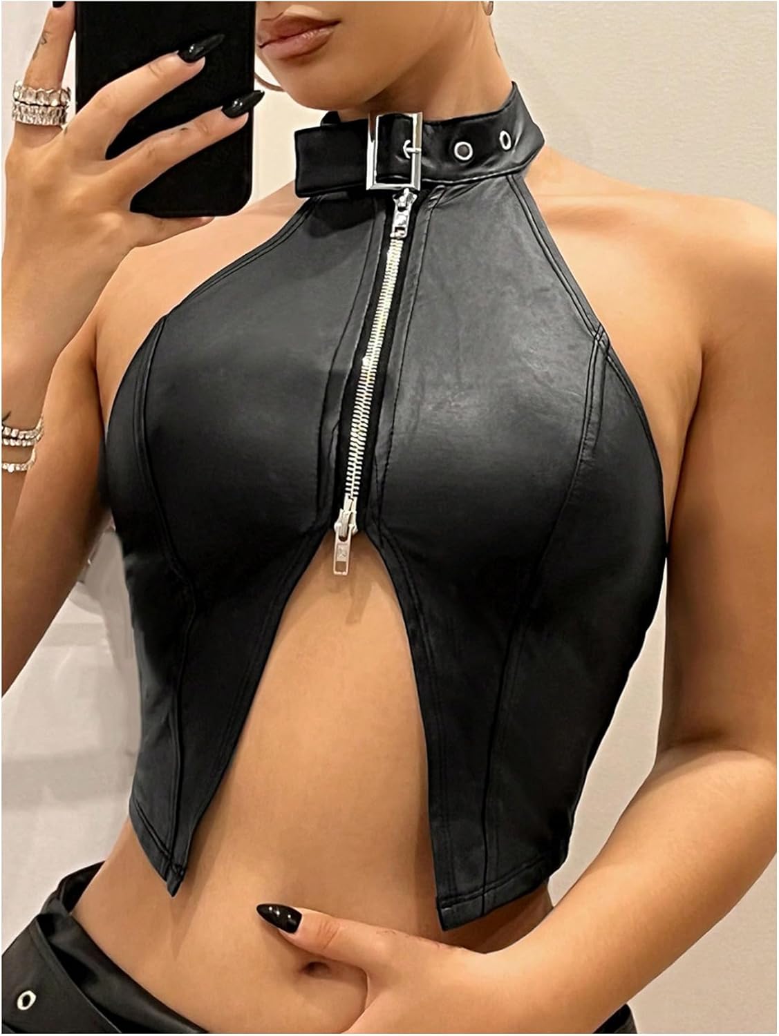 OYOANGLE Women's PU Leather Buckle Zipper Front Halter Tank Tops Y2k Backless Asymmetrical Hem Crop Top - Image 5