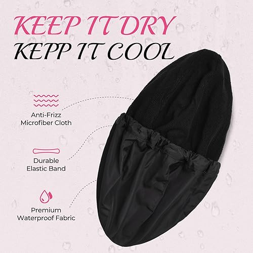 Miniatura 2 de Gorro de ducha para mujer, gorro de baño negro, reversible, grande, impermeable, ajustable, forro de rizo y banda elástica, dobladillo elástico